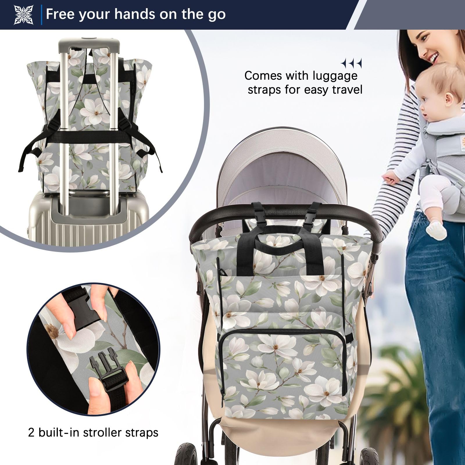 Mnsruu Bellissimo modello Gardenia borsa per pannolini per bambini, zaino grande borsa impermeabile da viaggio borse per pannolini per mamme e papà