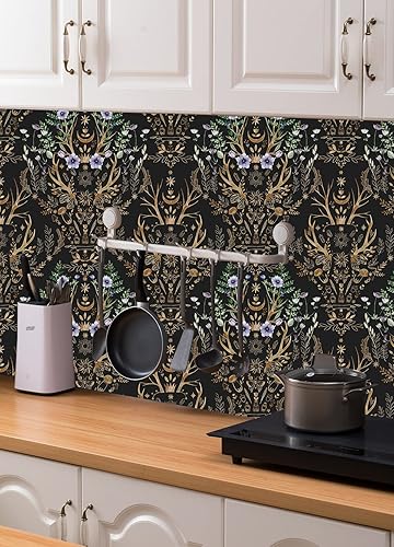 Miniatura 6 de HAOKHOME 94027-1 - Papel tapiz de pared retro floral damasco broncenegromorado, mural extraíble para baño, 17.7 x 9.8 pies