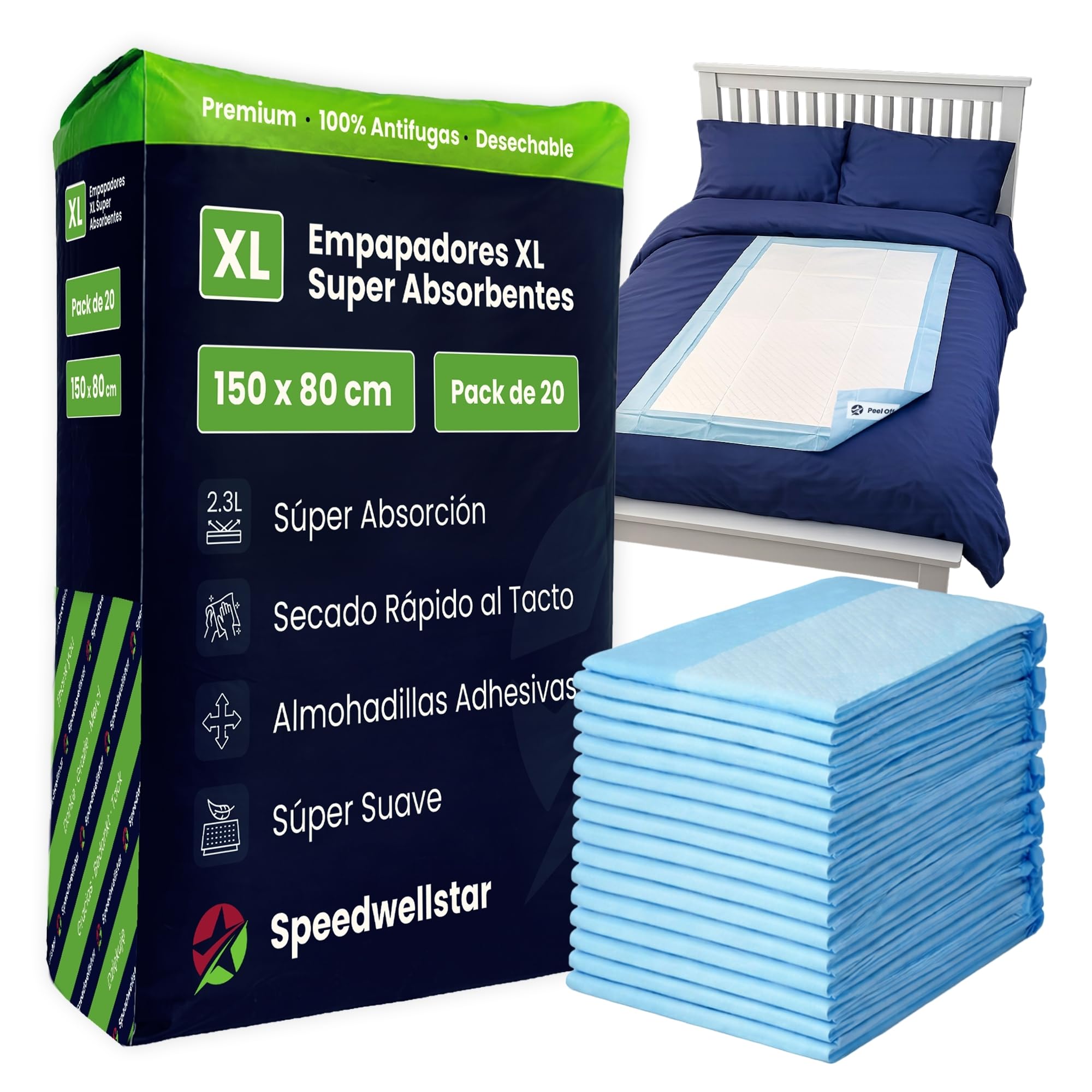 Almohadillas para Cama de Incontinencia Desechables Extra Grandes 150 x 80 cm | Pack de 20 | Súper Absorbentes 2300 ml | Protector Impermeable y a Prueba de Fugas para Cama Individual o Doble