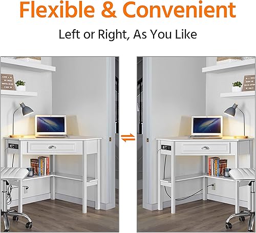 Miniatura 17 de Topeakmart Moderno escritorio esquinero para computadora con toma de corriente y cajón de almacenamiento para el hogar, escritorio en forma de L que