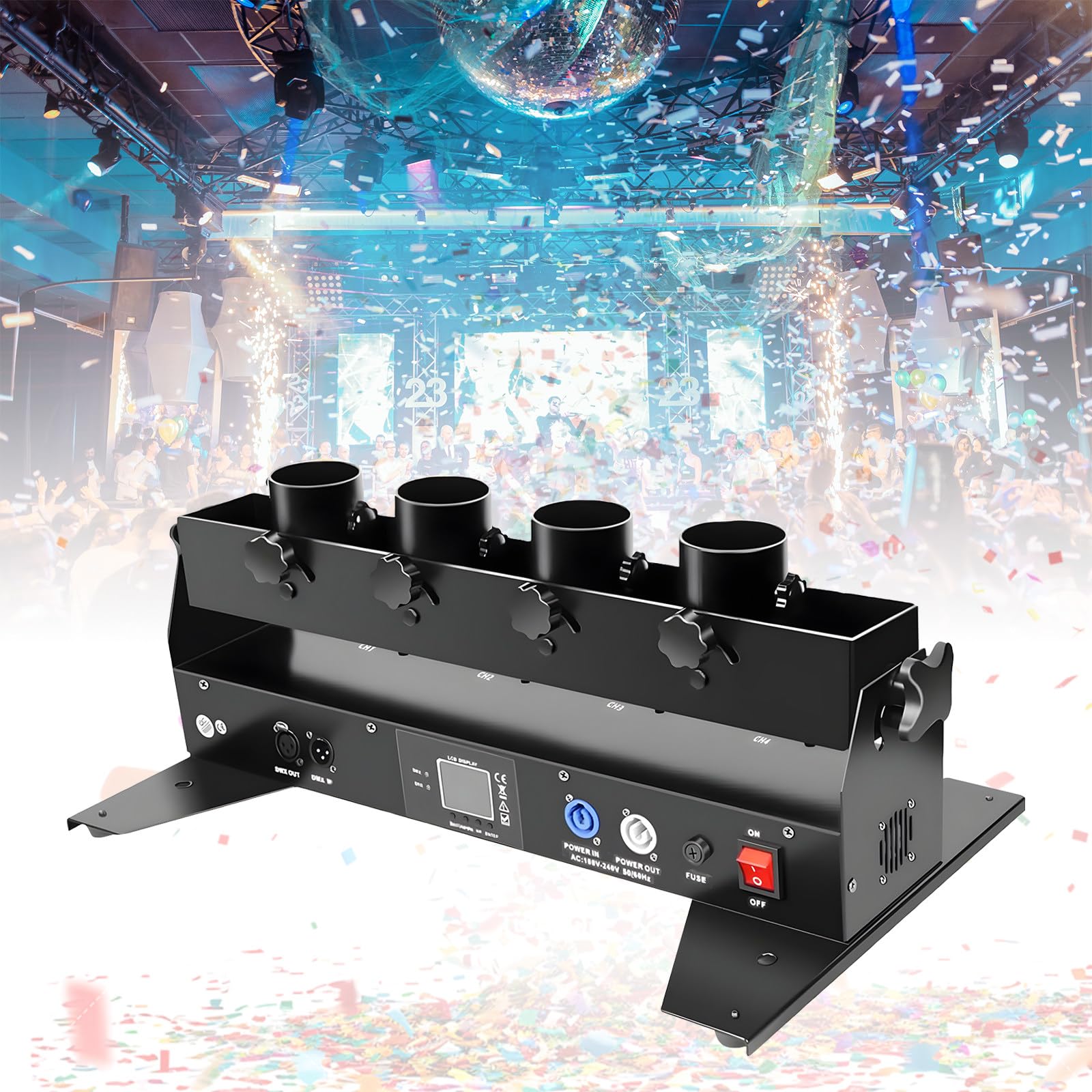 Osnzyc 4-Shot Confetti Machine, Electric Confetti Machine Shooter Launcher Machine Stage Effect LED Machine for DJ PartyClub, Wedding- DMX512 & Remote Control, 180° Rotation