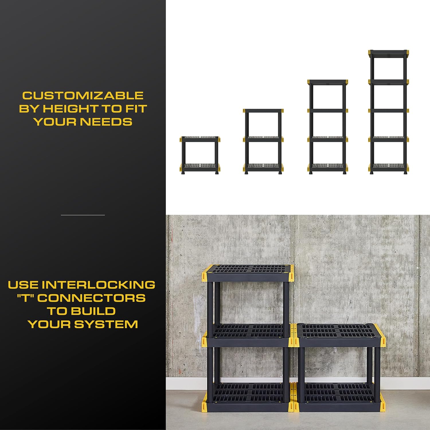 BLACK & YELLOW 5-Tier Heavy Duty Plastic Storage Shelving Unit, 5 Shelves Support up to 100lb/shelf, Organization and Storage, Weather-Resistant Design, Easy Assembly, American Made (72H x 24W x 20D)