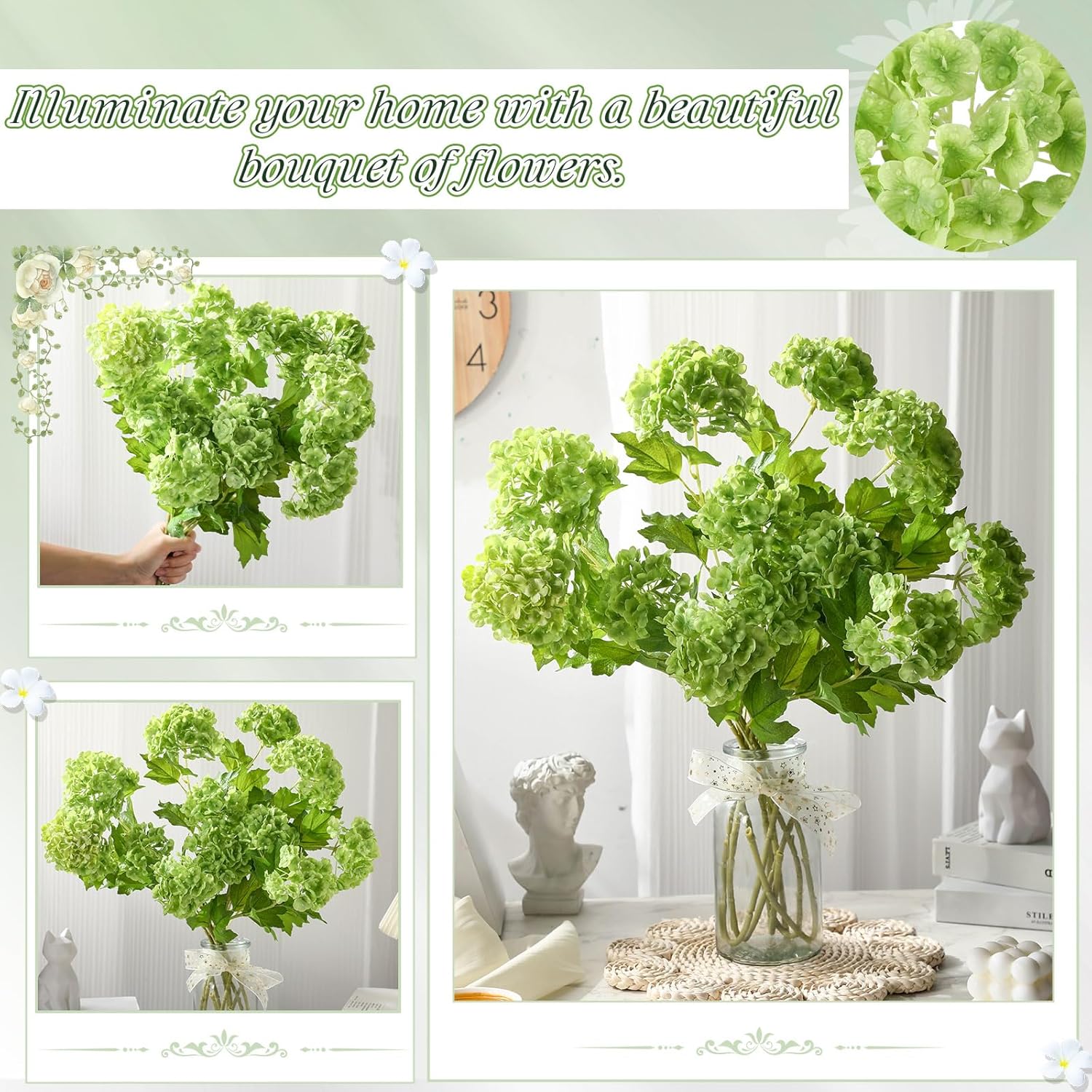 10 Pcs Artificial Green Hydrangea Flower 2 Stems 26.4 '' Real Touch Fake Latex Hydrangea Flowers Indoor Faux Floral Arrangement for Vase Table Centerpieces Bouquets Home Decoration(Green)