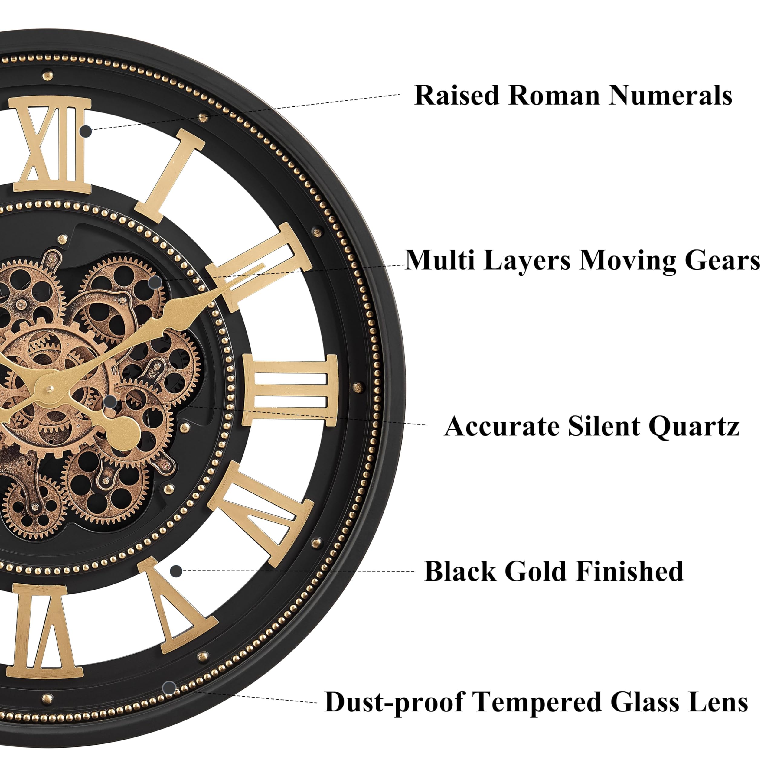 CLXEAST Orologio da parete da 61 cm con ingranaggi mobili, numeri romani, moderno nero e finitura oro
