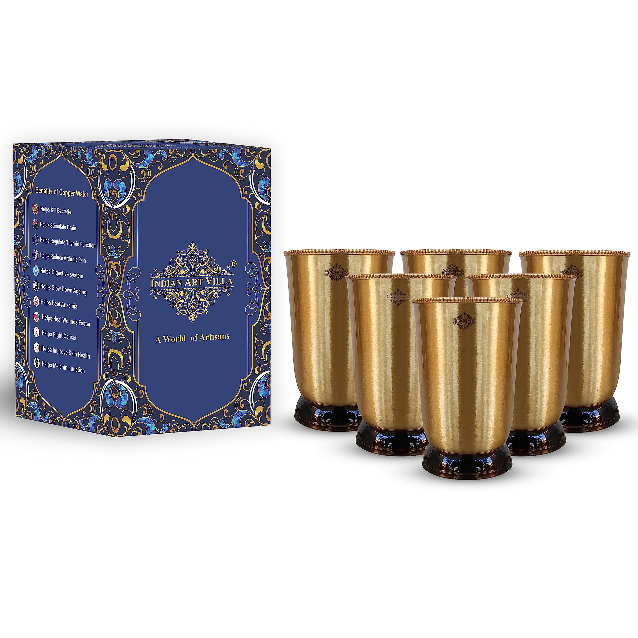 INDIAN ART VILLA Pure Brass Matt Finish Glass/Tumbler with Black Bottom, Serveware & Drinkware, Ayurveda Healing, Volume-270 ML, Pack of 6