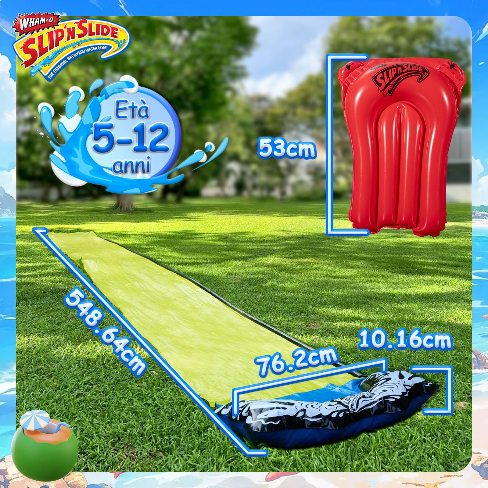 Wham-O Slip N Slide Wave Rider 548.64 cm con Boogie, Giocattoli estivi all'aperto per bambini da 5 a 12 anni, perfetti per le feste in giardino