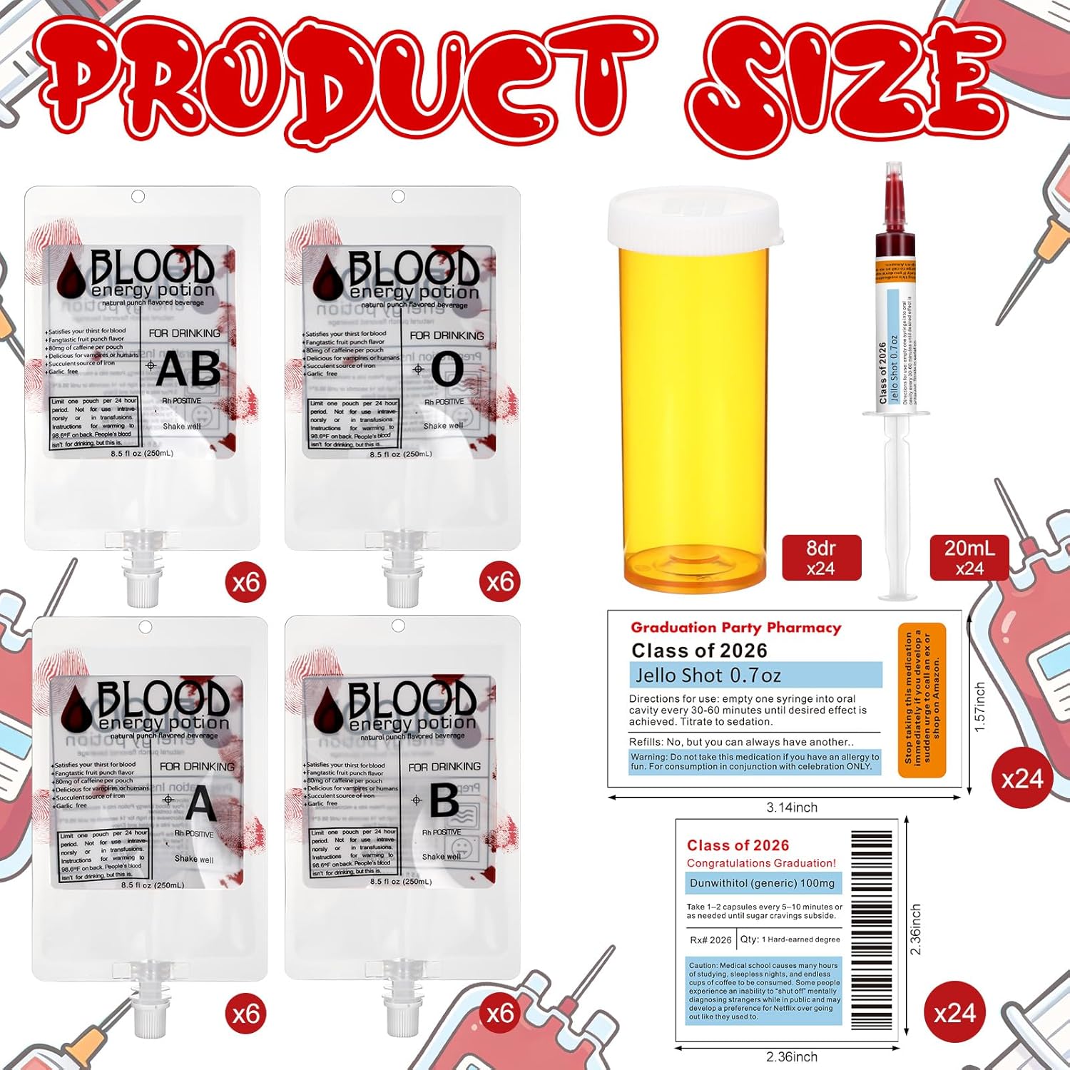 TrelaCo 120 Pcs Nurse Graduation Party Supplies Set Blood Bag for Drinks Plastic Syringes Medication Pill Bottle and Stickers for Nurse Week Bsn Rn Lpn School College Graduation Party Decoration
