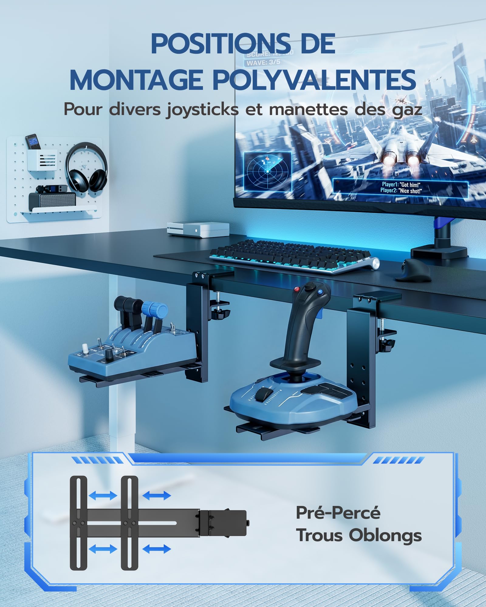 ARES WING support de bureau HOTAS pour joystick et manette des gaz en métal | Compatible Logitech X52/X52 Pro/X56, Thrustmaster T.16000M/T.Flight HOTAS, VKB Gladiator NXT, simulateur de vol, lot de 2
