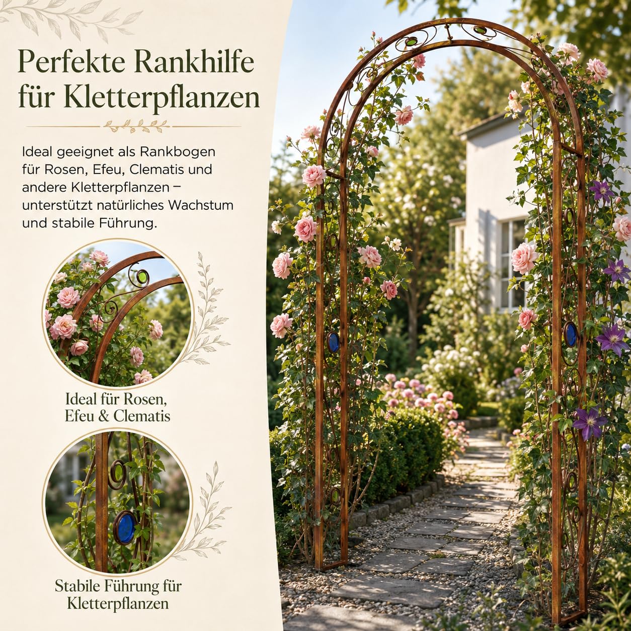 ZenMan Edelrost Rosenbogen aus Metall – Rost Gartenbogen Rankhilfe B120:H220 :W30 cm – Cortenstahl Optik Torbogen für Kletterrosen, Rankpflanzen & Gartendeko-031931