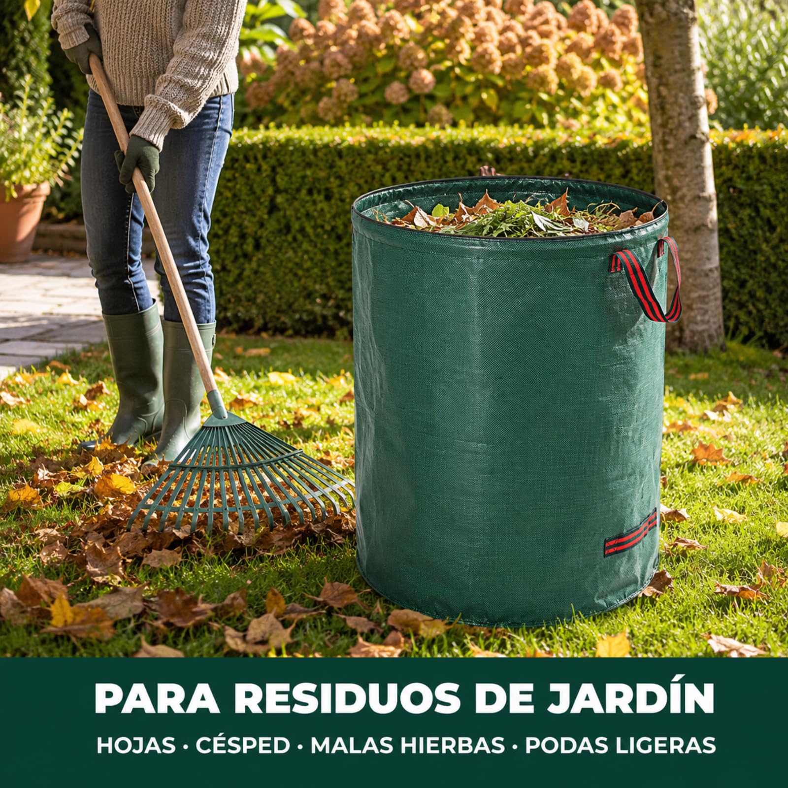 Sacchi Giardinaggio, 3 × 500 L, 4 Manici e Coperchi con Zip | 3 Sacchi da Giardino Riutilizzabili da 500 L con 4 Manici Rinforzati, Anello di Sostegno e Coperchio con Zip