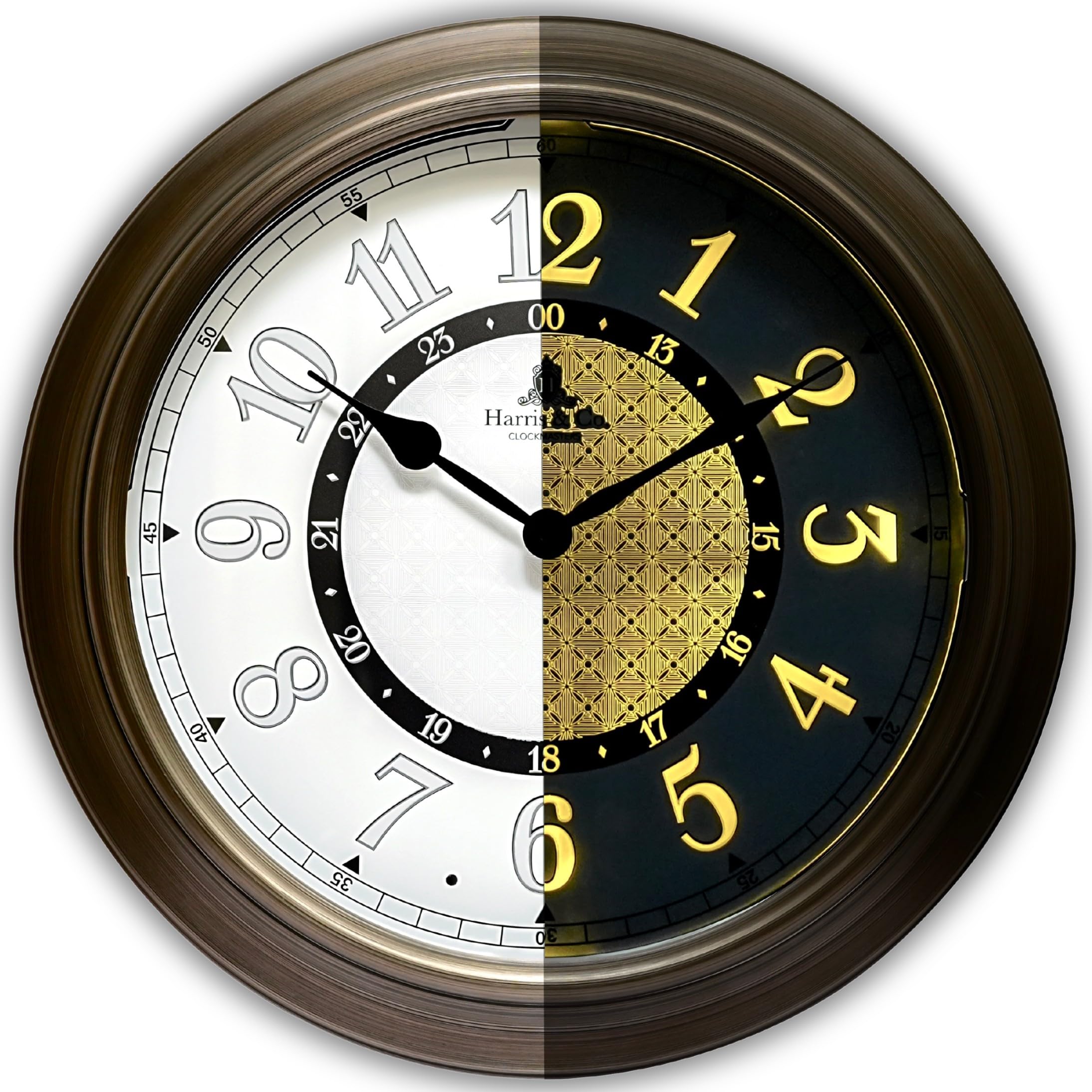 Sponsored Ad - HARRIS & CO. CLOCKMASTERS Battery Operated Wall Clock with Thick Metal Frame & Automatic Light Glow Function with Smart Sensor (Size-15 Inch) Silent Sweep, Model-Covent,Bronze,Analog