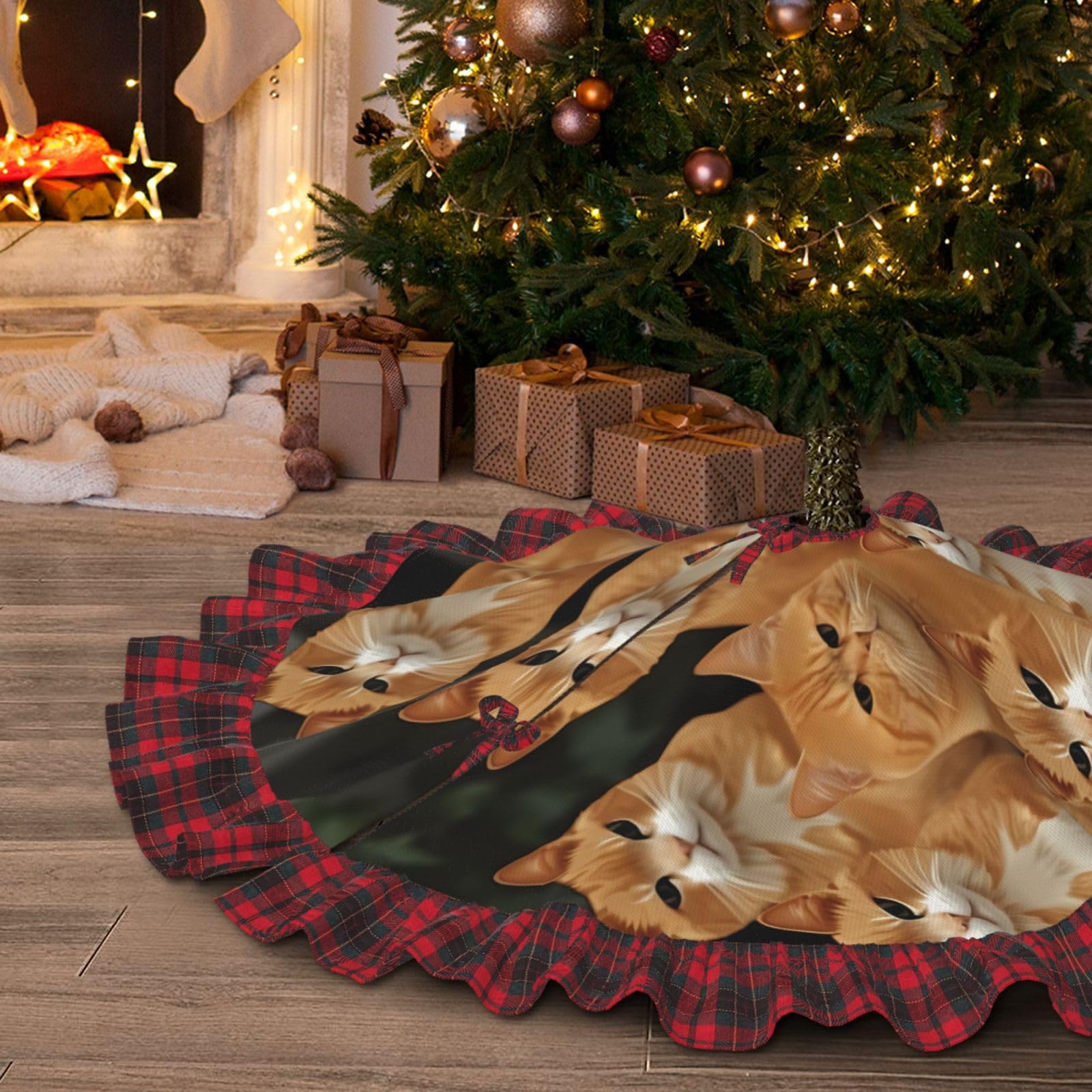 Tapis de sapin de Noël imperméable anti-tache motif chat orange