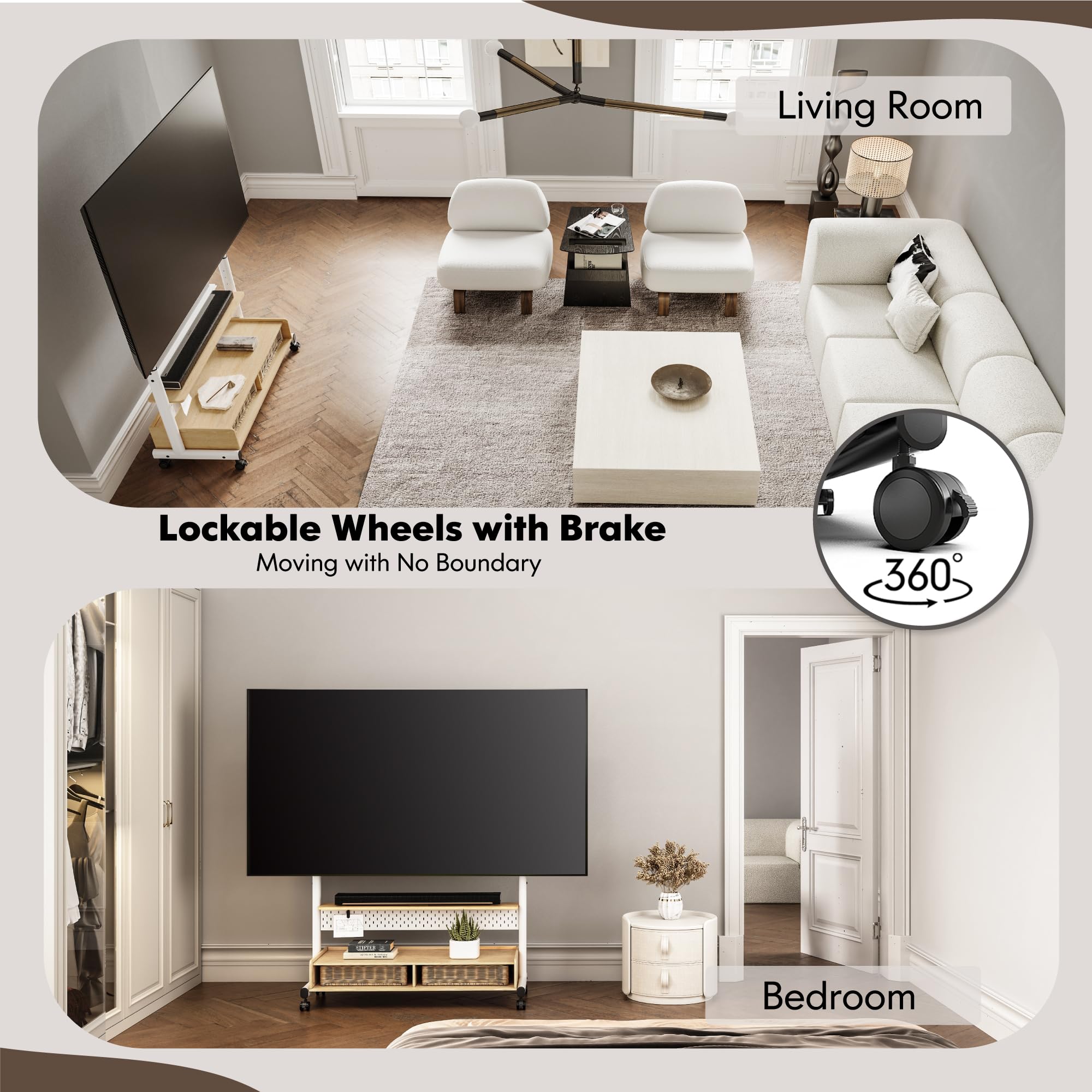 FITUEYES Mueble TV Móvil para 70 a 100 Pulgadas, Soporte TV Pie con Ruedas de Estructura de 2 Tubos, Soporte Monitor Carrito con Mueble Madera y Función de Altura Ajustable