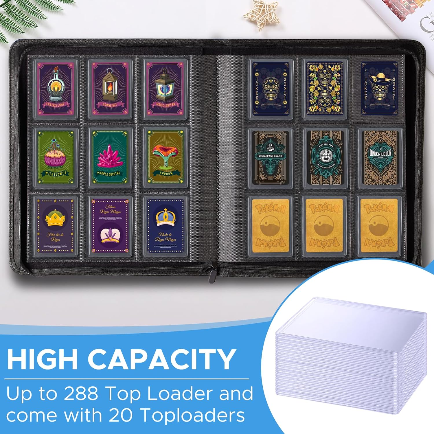 Top Loader Binder with 20 Toploader, JIQEZNL Premium 9 Pocket Top loader Binder for Cards, Holds 288 Toploaders, Pokemon Top Loader Binders for Trading Cards, TopLoad Binders for 3 x 4'' Toploader -BE
