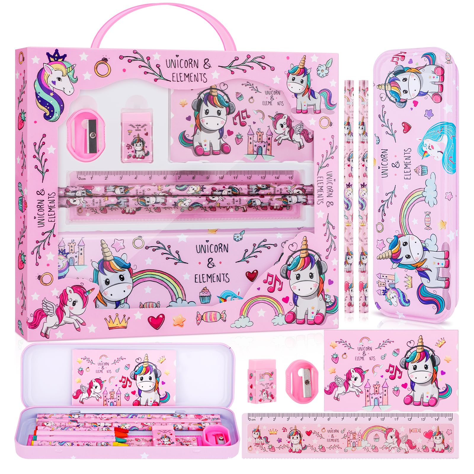 TCJJ 7Pcs Unicorn Stationery Set For Girl,Kids Stationery Gifts Set,1 Pencil Case&2 Pencil&1 Ruler&1 Mini NoteBook&1 Rubber&1Sharpener,School Supplies For Kids Back To School Gifts,Christmas Gifts