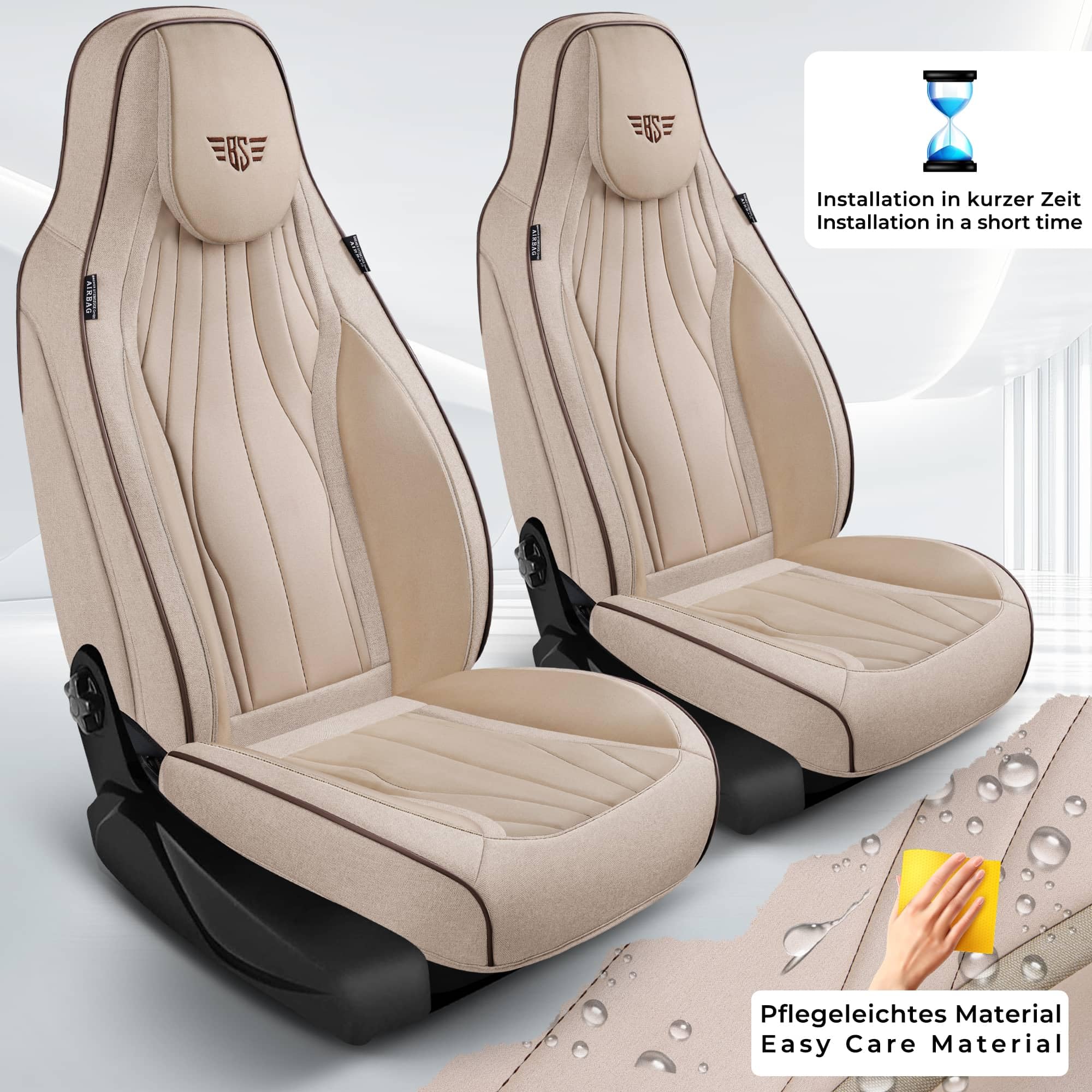Autositzbezüge Universal für PKW, SUV – Premium Vordersitzbezüge Beige, hochwertig verarbeitet für mehr Sitzkomfort, Airbag-kompatibel, Schonbezüge für Fahrer & Beifahrersitz mit Rückentasche