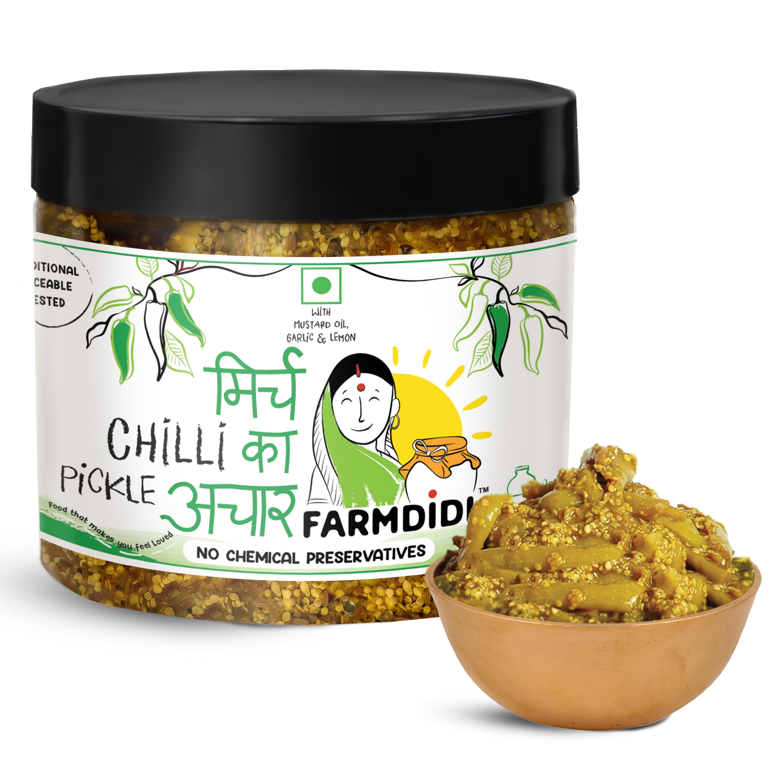 FarmDidi Spicy Green Chilli Pickle 325g in Fresh | Homemade Sun-Dried Hari Mirch ka Achar | Made with Mustard Oil | Ghar Ka Bana Spicy Mirchi Pickle | No Chemical Preservatives