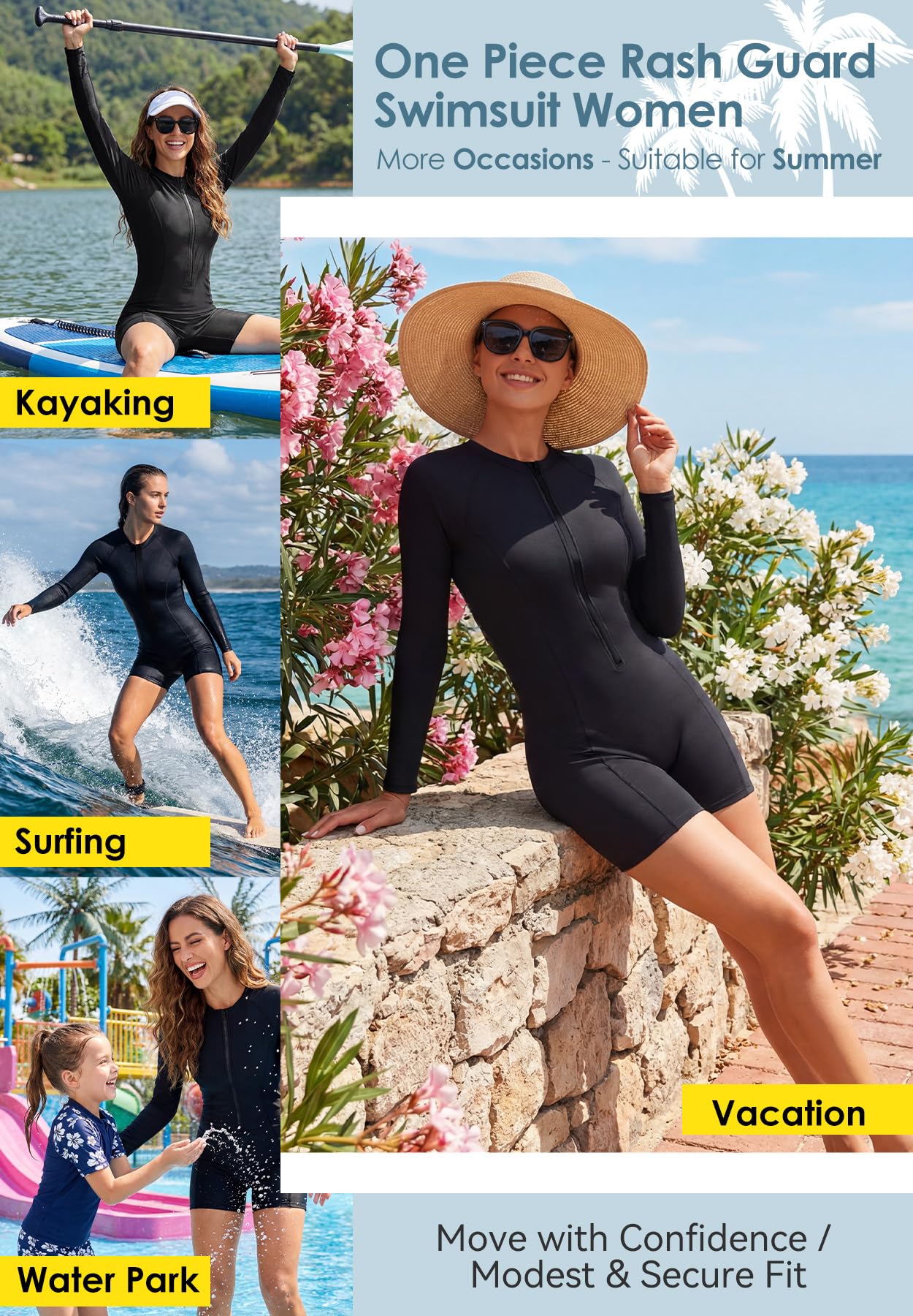 Zando Costume da bagno intero da donna UPF50+, con protezione anti-rash guard a maniche lunghe, con cerniera frontale e gamba, per surf e nuoto