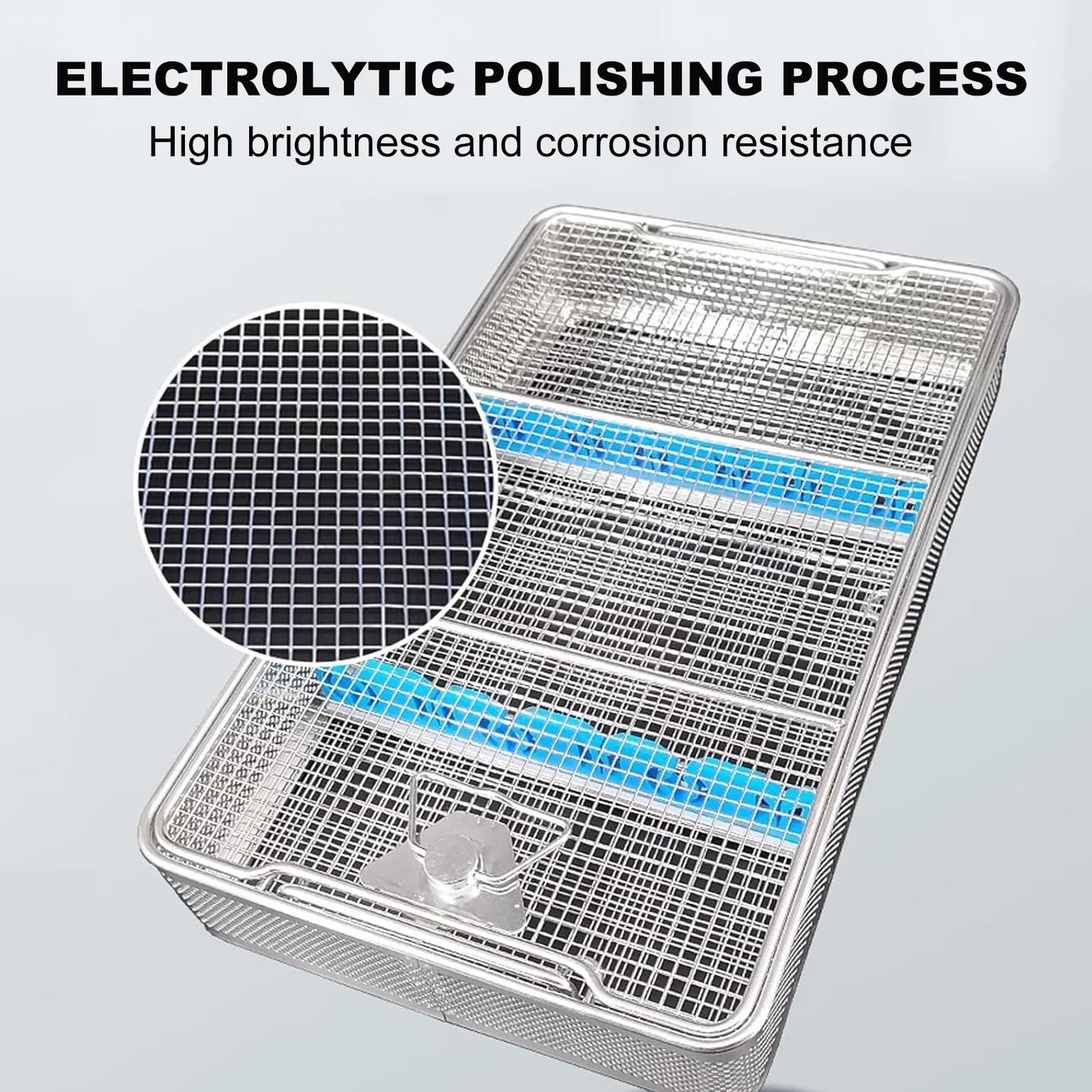 Cestello for la disinfezione perforato in acciaio inox, cestello for attrezzature mediche con coperchio, rete laterale da 2 mm, con strisce di silicone, maniglia for il trasporto(40x25x7cm/15.7x9.8x2.