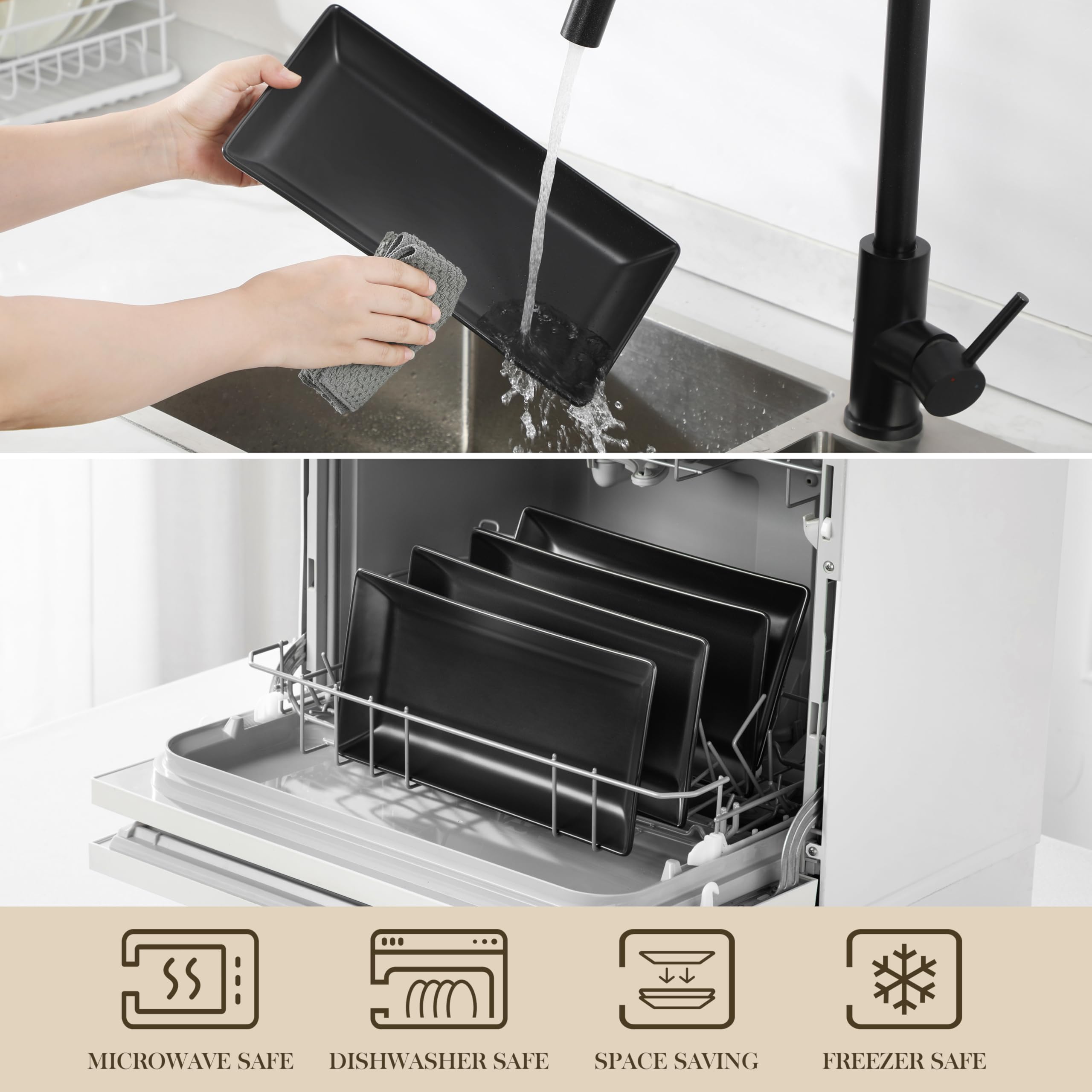 MALACASA Piatti da Portata in Porcellana 30,5 x 15,3 x 3,6 cm, Set di 4 Pezzi, Piatti da Portata Rettangolari Grandi per Buffet, Sushi, Torte, Antipasti a Casa, Feste o al Ristorante, Nero Opaco