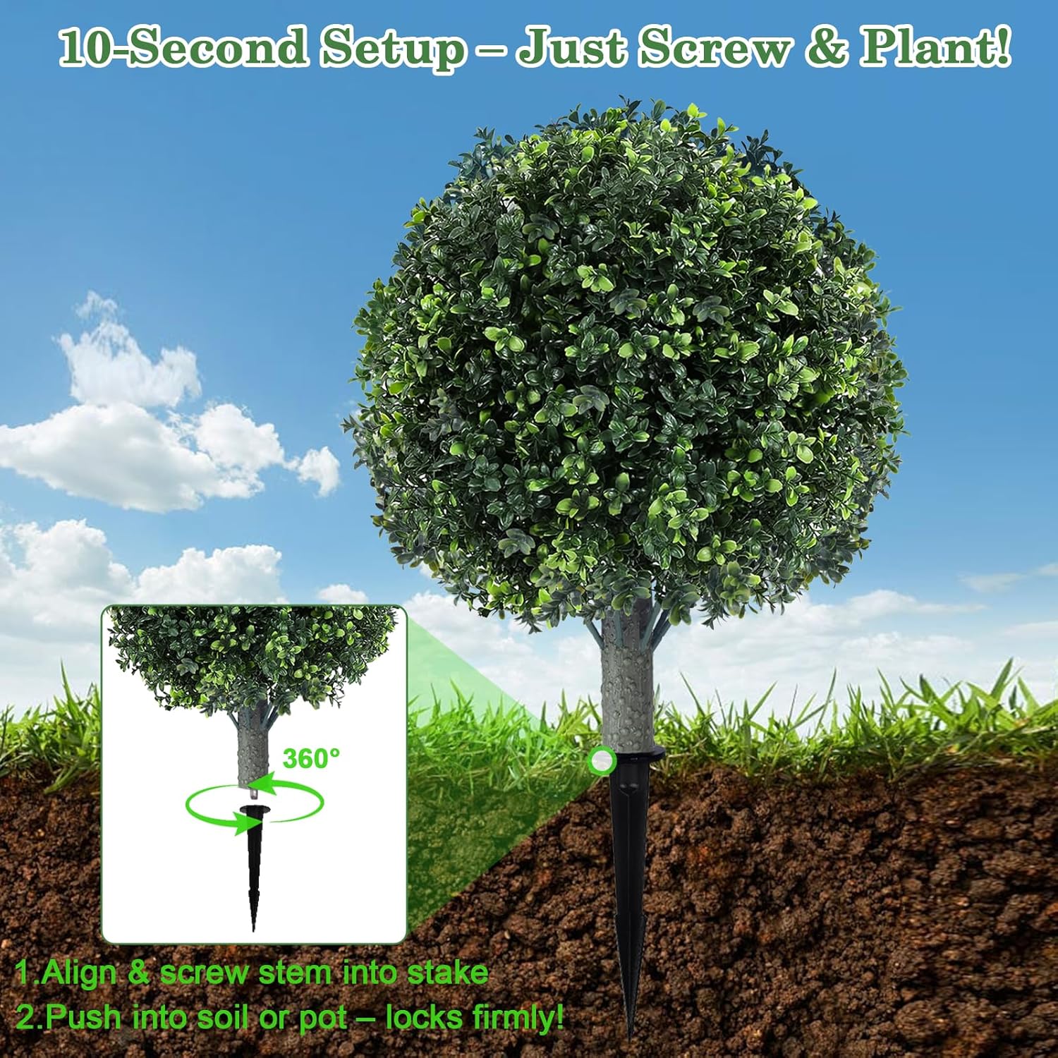 Artificial Boxwood Topiary Ball (2 Pack) - 17" UV Resistant Faux Plants for Outdoor & Indoor, Porch, Garden, Patio Decor - Fake Shrub Bushes with Ground Spike - Image 6