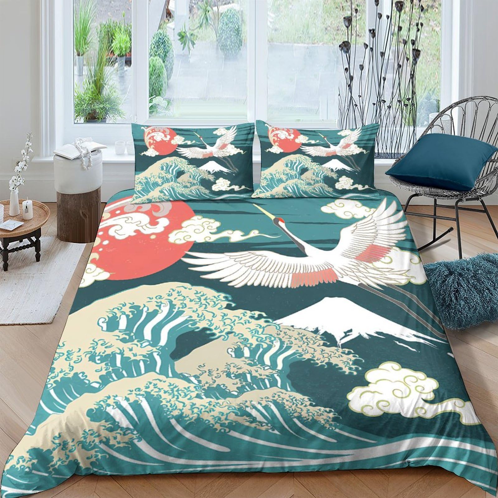 Ctjqhvkz Style-7 3D Printed Japanese Crane Fitted Sheet Microfiber Soft Breathable Mount Fuji Mattress Cover For Bedroom Decor Single（135X200cm）