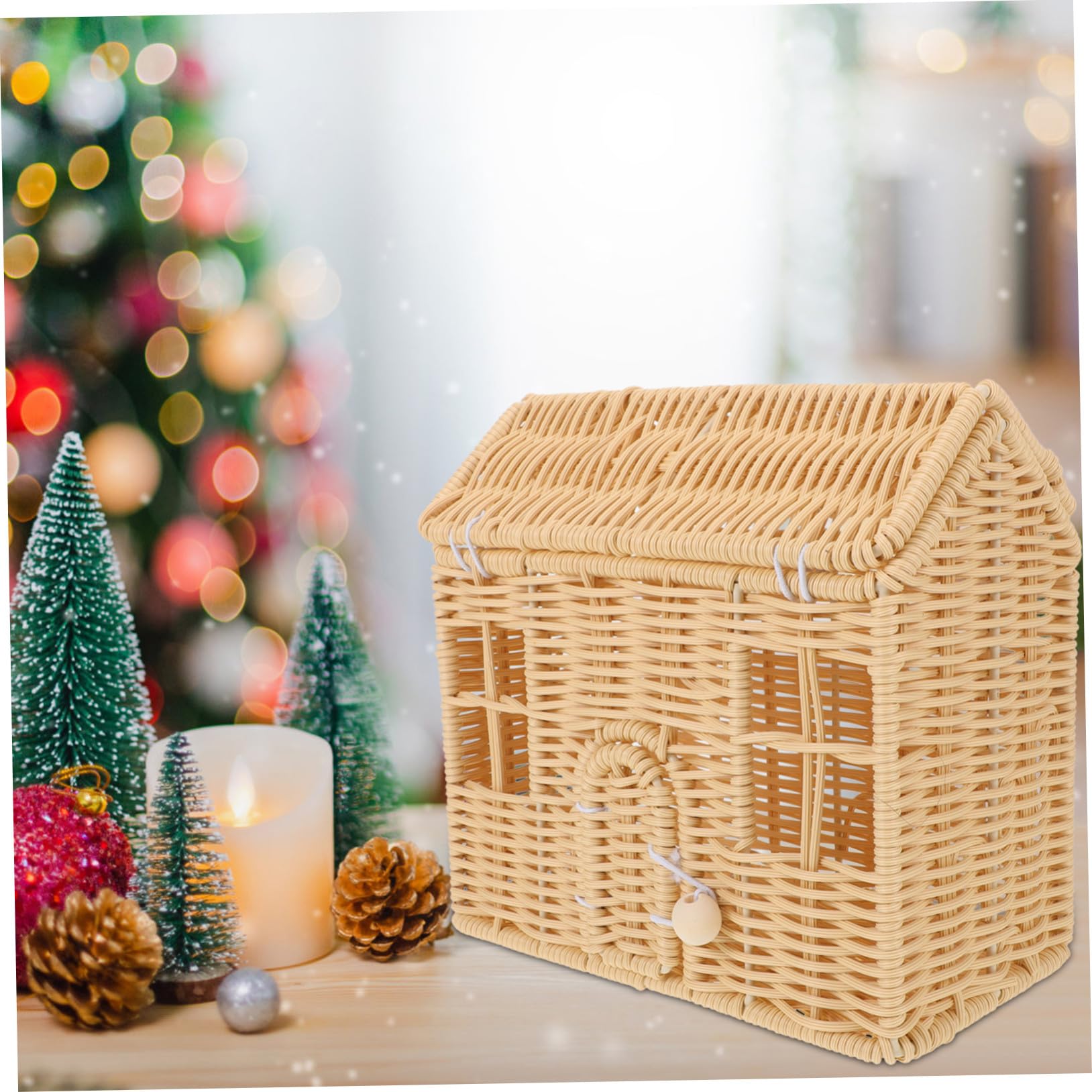 Cabilock Cesta de Dulces Navideña Hecha Mano con Asa Cesta Tejida de Ratán Sintético con Forma de Casa para Dulces y Chocolates para Recuerdos de Fiesta y Decoración de Hogar