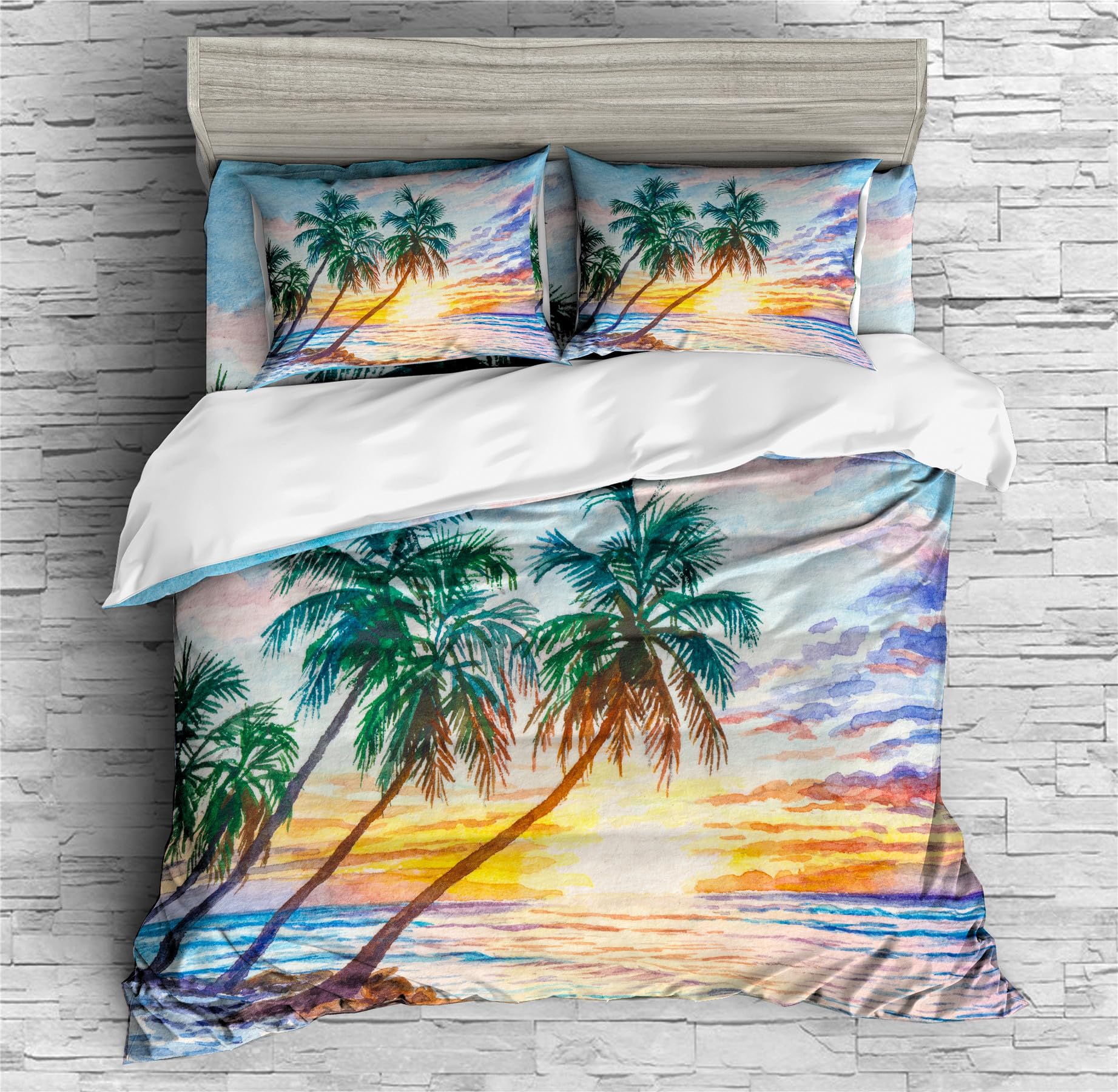 Strand Palmen Bettwäsch Küstengebiete Tropical Island Palm Grove 7 Teilig Bettdecken Set,Enthalten 1 Spannbettlaken + 1 Bettdecken + 4 Kissenbezüge + 1 Bettlaken (D,Bettwäsche 7 Teilig-Einzel) Home & Kitchen