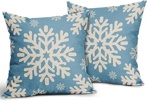 Miniatura 2 de Juego de 2 fundas de almohada de Navidad azul claro de 18 x 18 pulgadas, fundas de almohada decorativas de lino para exteriores, decoración de sofá,