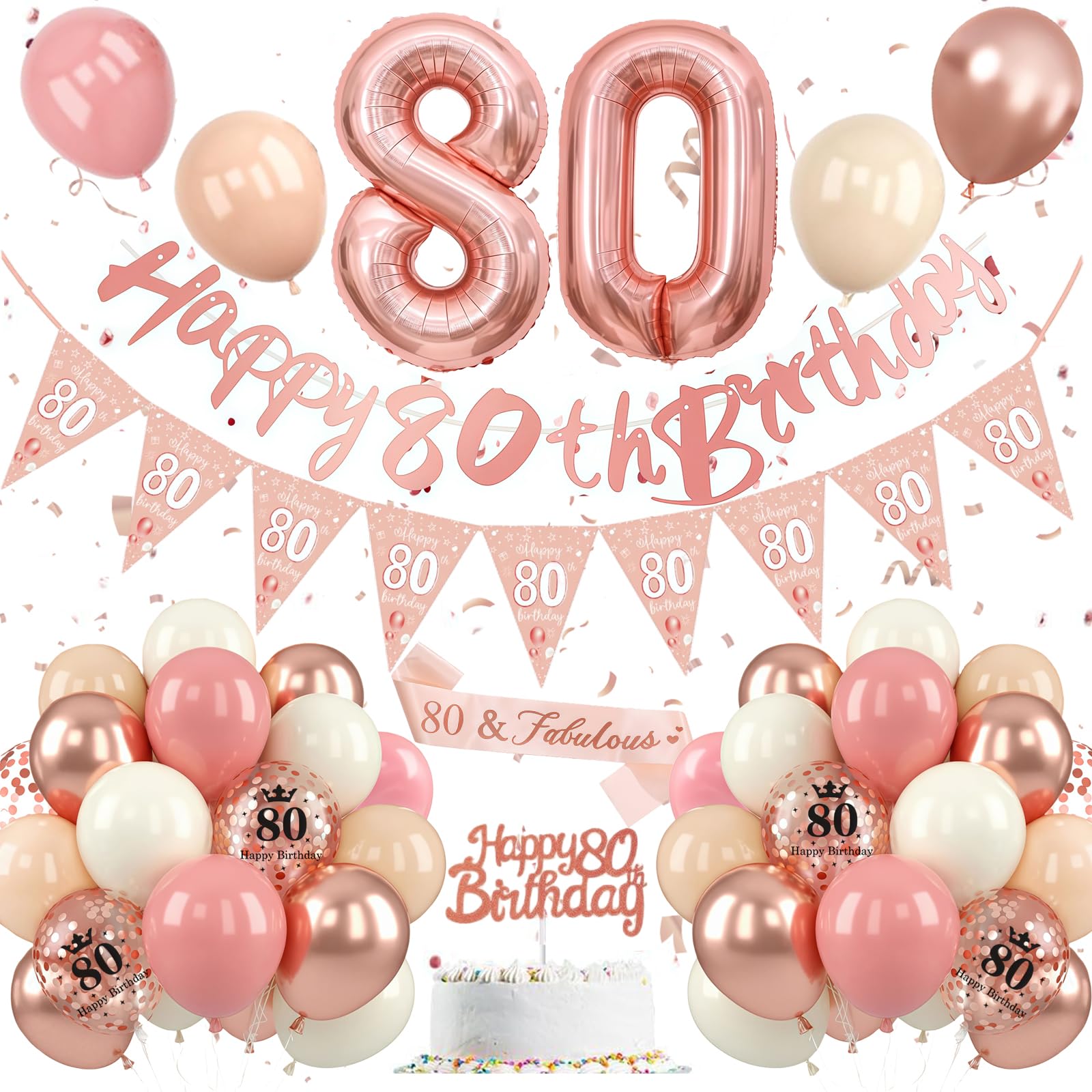 80th Birthday Decoration Rose Gold, pink and white 80th birthday decoration set, 80th birthday decorations, Number 80 balloons with banner, Cake Topper for women, 80th birthday party decorations