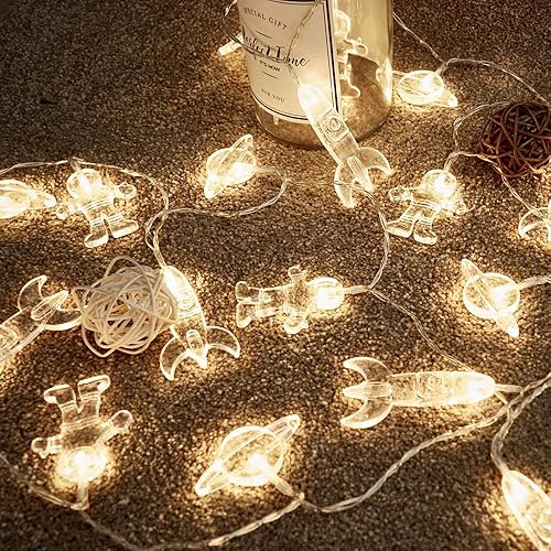 20 LED Children's Room LED String Lights Astronaut Spaceship Rocket UFO Pendants Light String Holiday Party Lights Wall Window Tree Decorative Lights(Light Warm White)