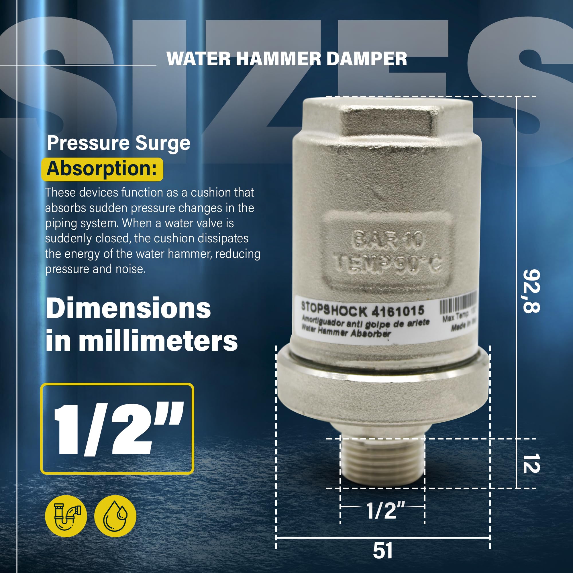 DOJA Barcelona | Amortiguador de Golpe de Ariete | Pack 1 | Amortiguador Ariete 1/2" | Ø51x92,8mm | Latón Niquelado | Reductor Golpe de Ariete | hasta 50mm, Grifo Lavabo, Válvula Ariete Agua