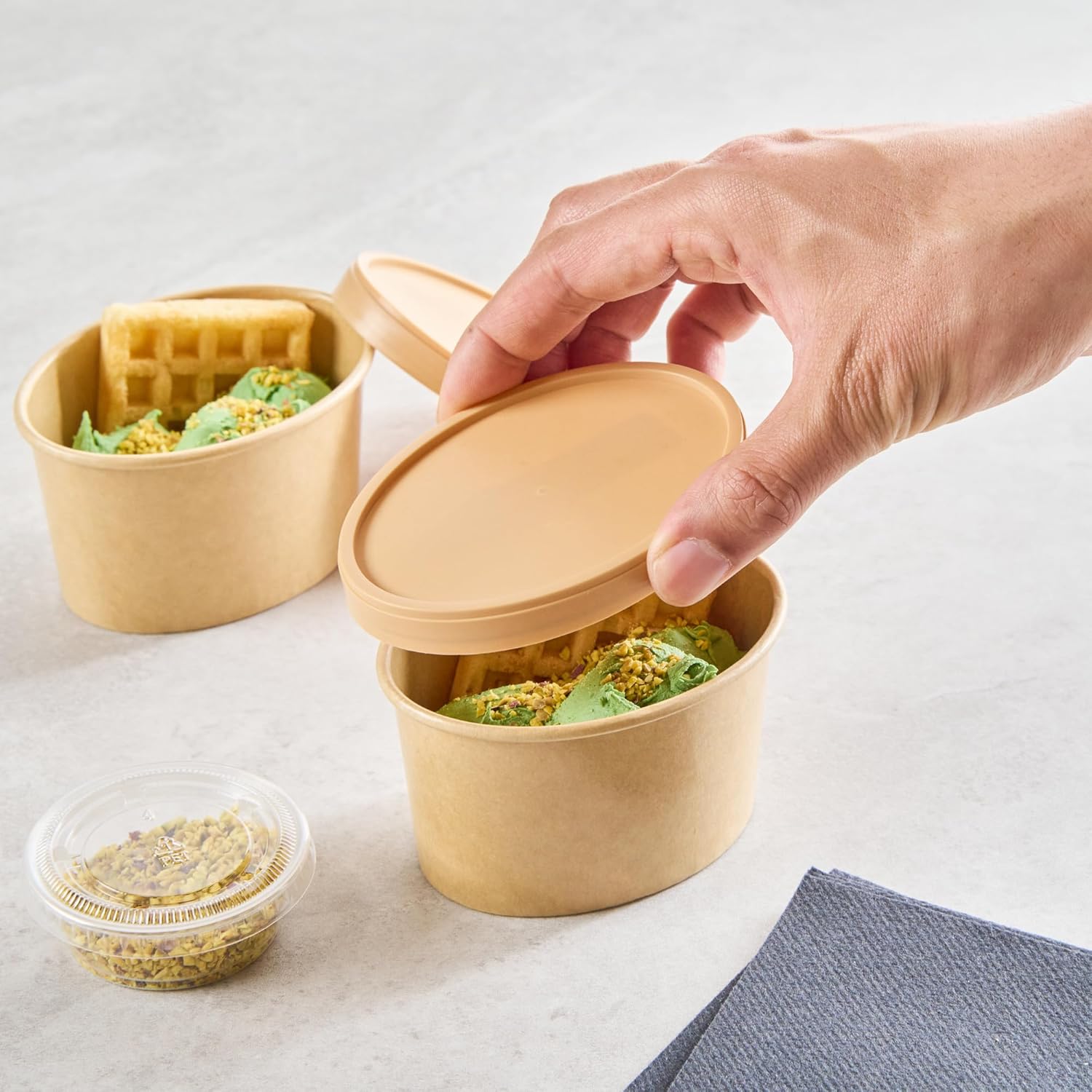 Restaurantware-LIDS ONLY: Coppetta 3.86 x 2.95 x 0.43 Inch To Go Cup Lids, 200 Durable Ice Cream Cup Lid - With Plastic Spoon, For Hot & Cold Foods, Brown Plastic Disposable Lid For Dessert Cups