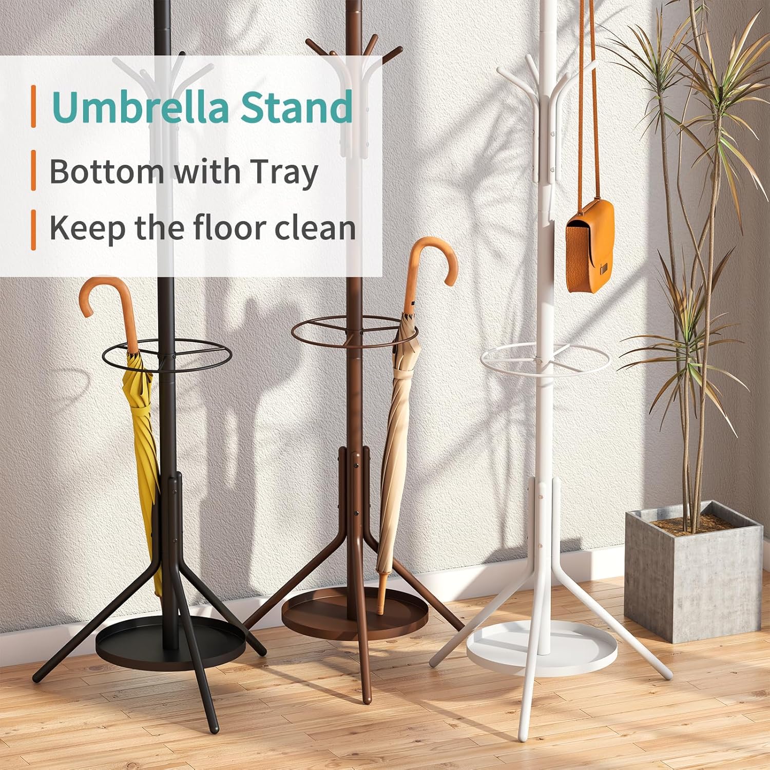 Black Coat Rack, Coat Rack Freestanding with Umbrella Holder, Adjustable Height Shelf with 12 Hooks, Used In The Bedroom, Living Room, Office To Hang Clothes, Hats, Bags