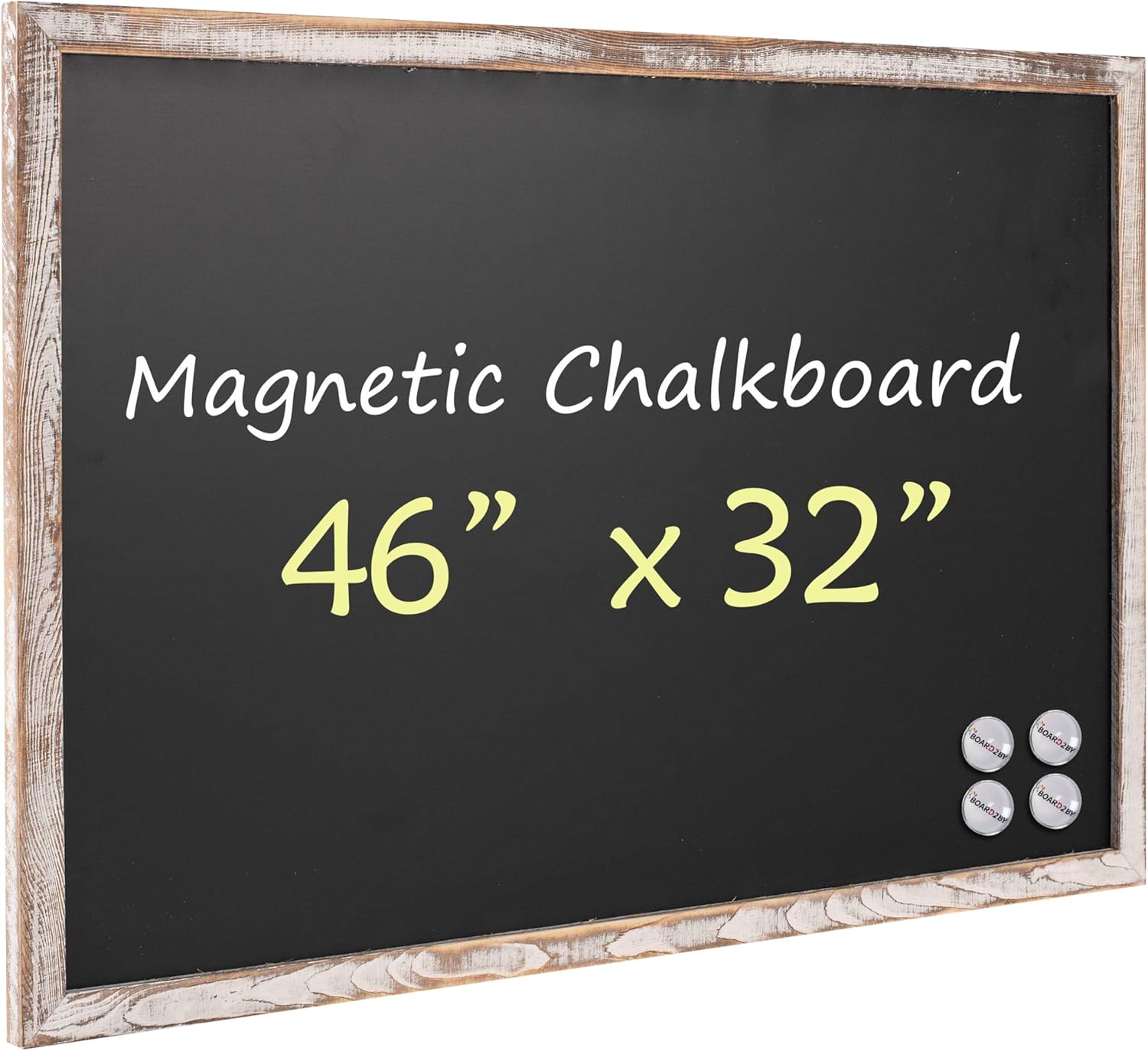 board2by magnetic chalkboard black board 46 x 32, extra large chalk board blackboard for wall decor, easy-to-erase wood framed magnet board, 4 magnets for school, home & office (classic white)