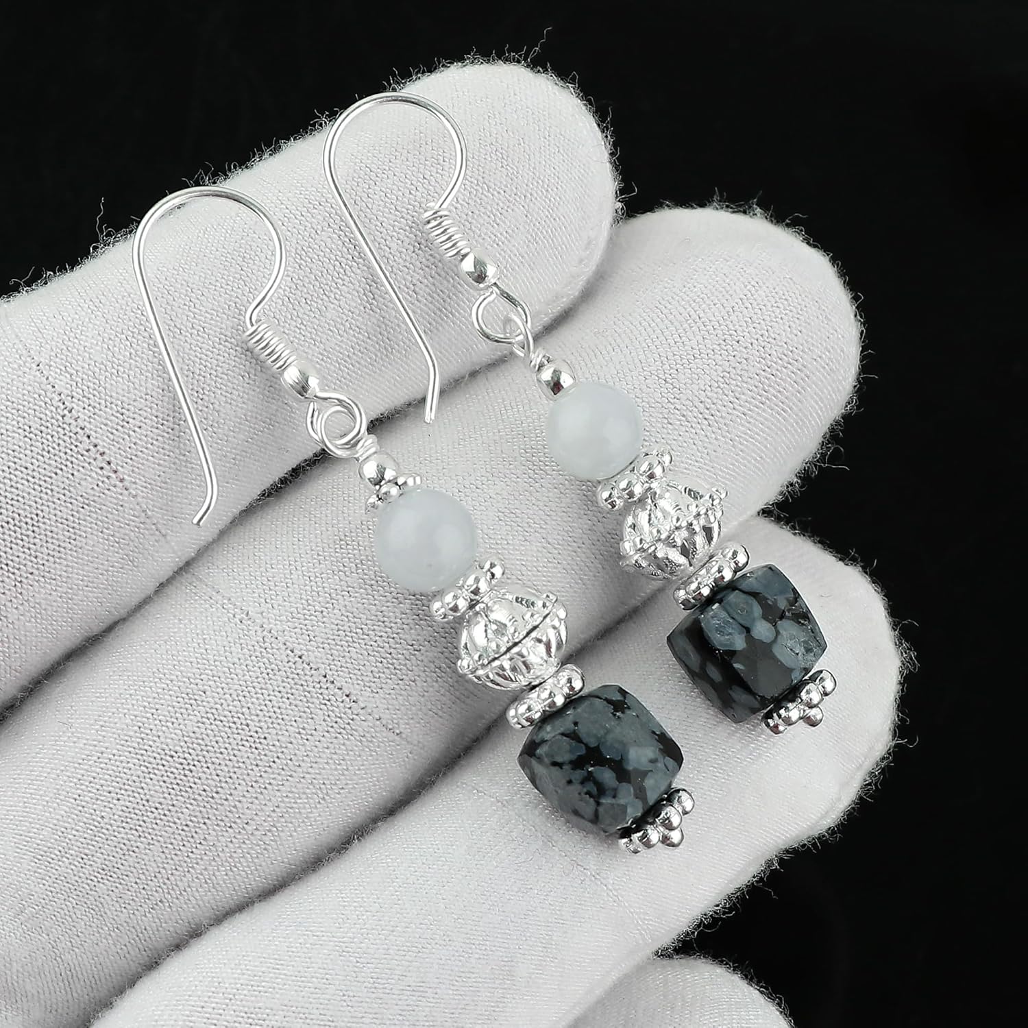 Snowflake Obsidian & Chalcedony Gemstone Earrings, Handmade Bohemian Silver Jewelry, Chakra Healing Crystals, Polished Stones, Dangling Earrings Gift for Women (Approx.1.25inch) - Image 5