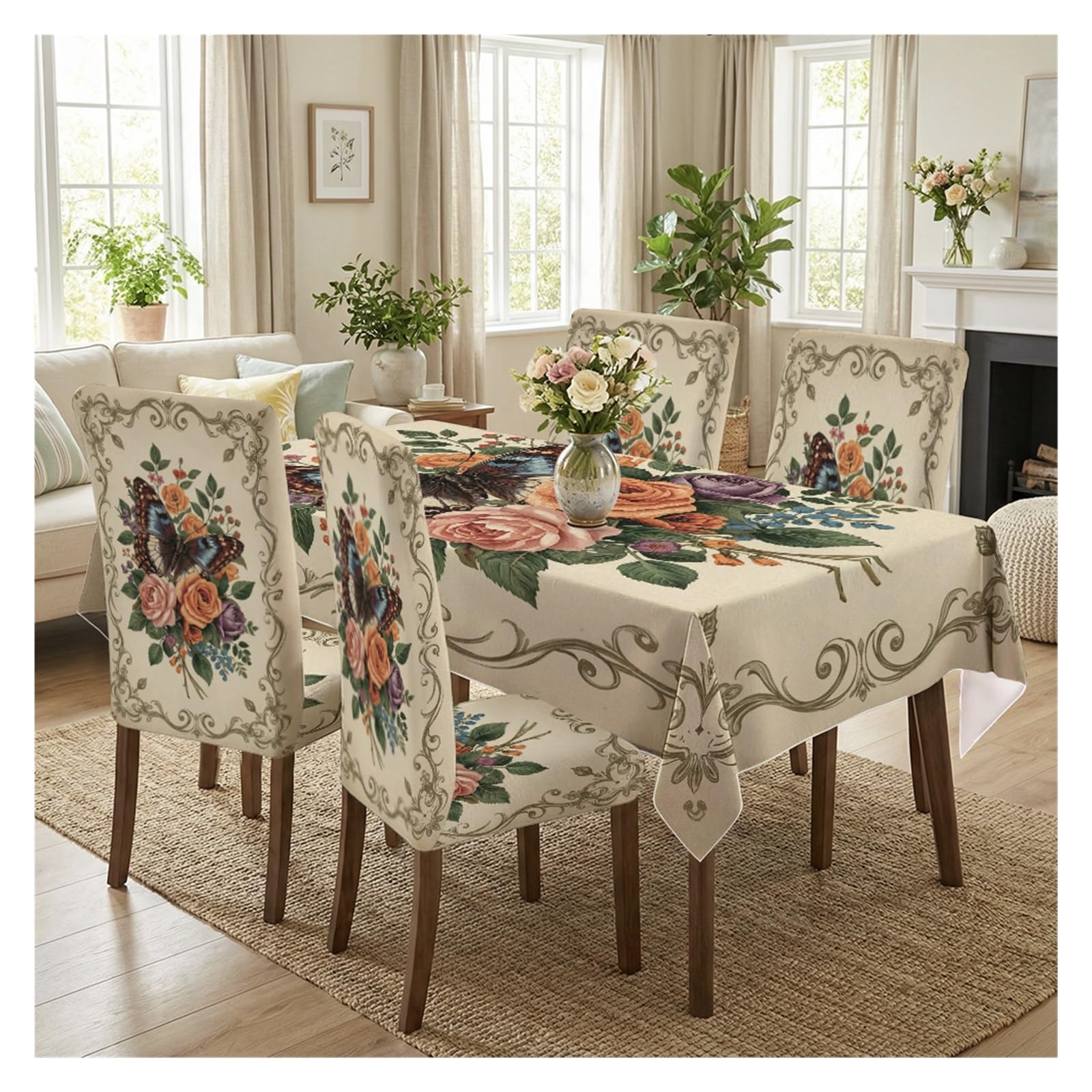 BOSUYBN Vintage Butterfly & Floral Dining Chair Covers & Tablecloth Set, 5/7 Piece Beige Background Slipcovers For Cottagecore Home Decor Table Setting(5pcs Set: Tablecloth+Chair Covers)