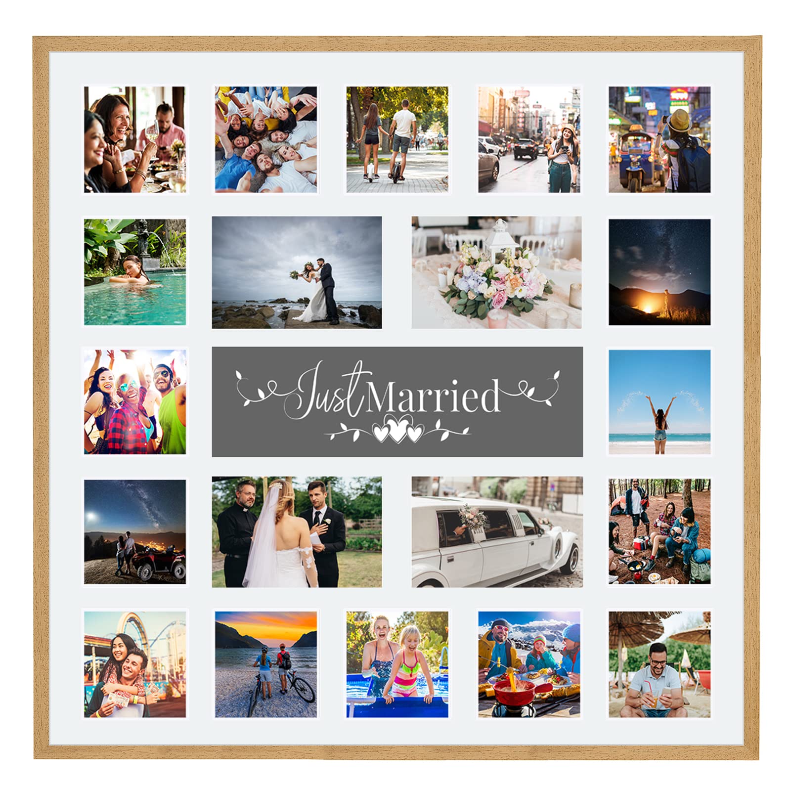 Large Multi Aperture Picture Photo Collage Frame, Colours and Designs (Just Married, Light Oak)