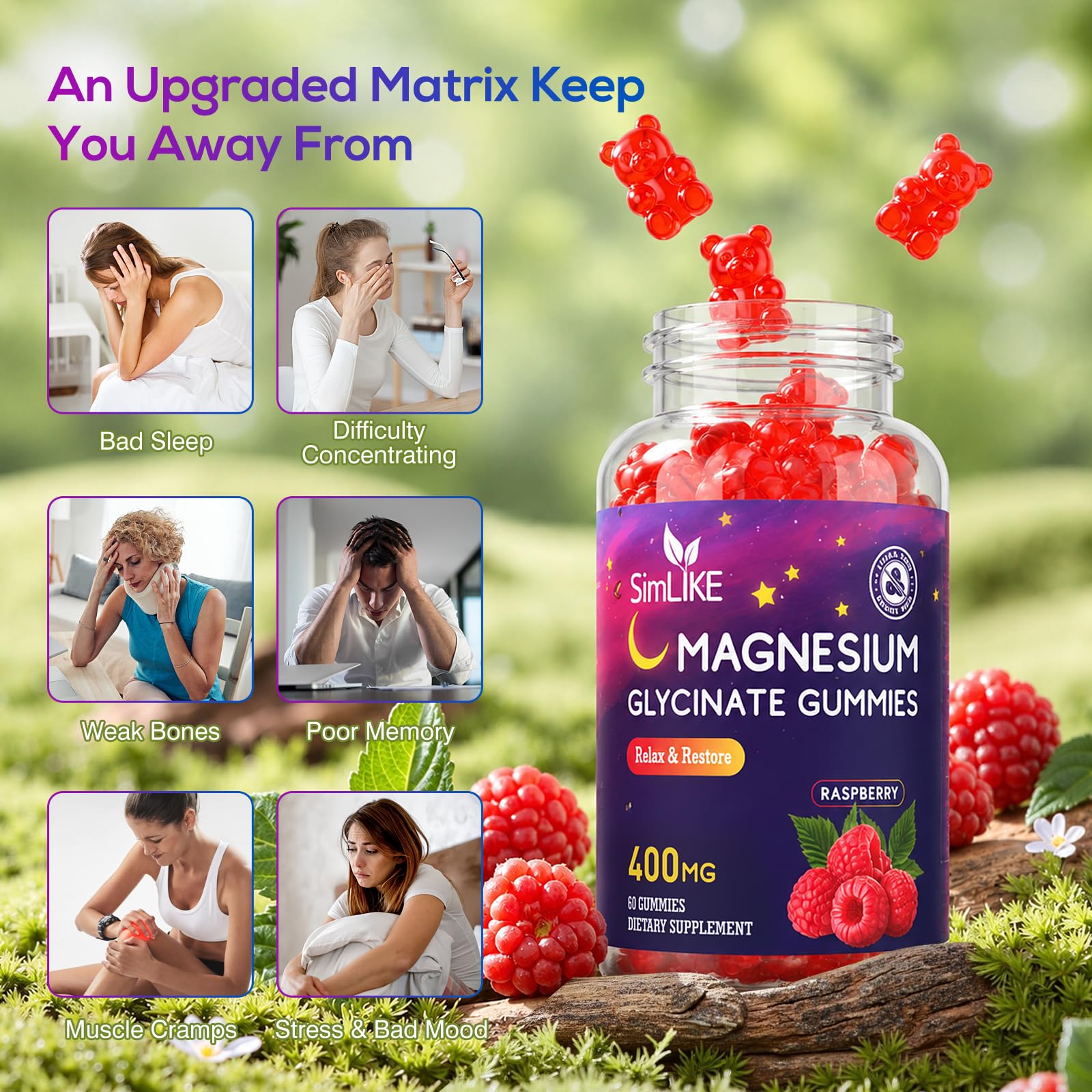 Magnesium Glycinate Gummies 400mg, High Absorption Magnesium Gummies with L-Theanine, Ashwagandha & GABA for Relaxation, Stress Relief & Sleep, Sugar Free, Vegan, 60 Raspberry — Amazon image 6