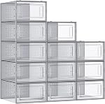 SONGMICS Boîtes de chaussures, boîte de 12 Organisateurs de rangement de chaussures, Boîtes en plastique transparent empilable pour placard, US Taille 13, Transparent et blanc ULSP12MWT