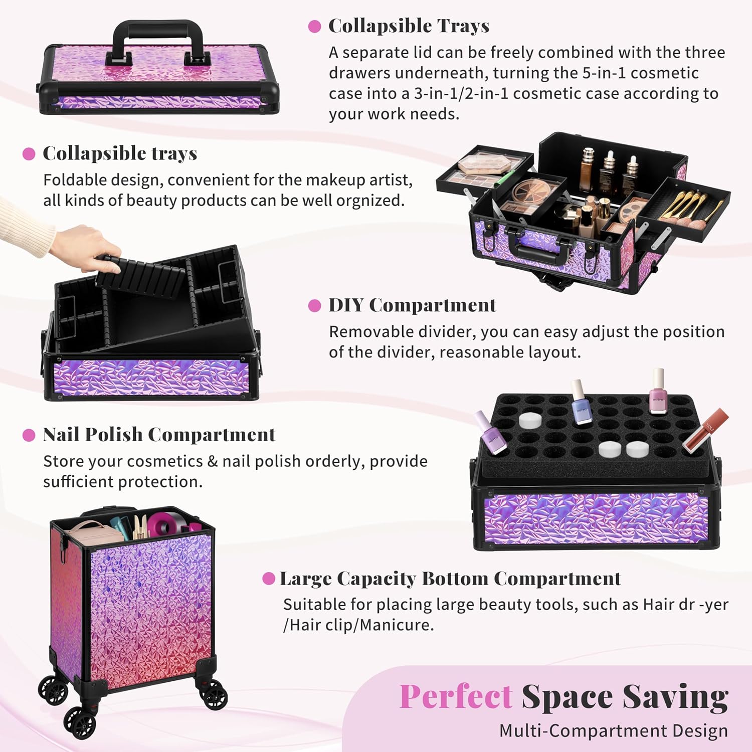 Profesional Rolling Makeup Train Case with Lid, 5 in 1 Cosmetology Case on Wheels, Large Cosmetic Trolley Organizer Travel for Hairstylist Artist Nail Beauty Salon Barber, Gravel Pink - Image 6