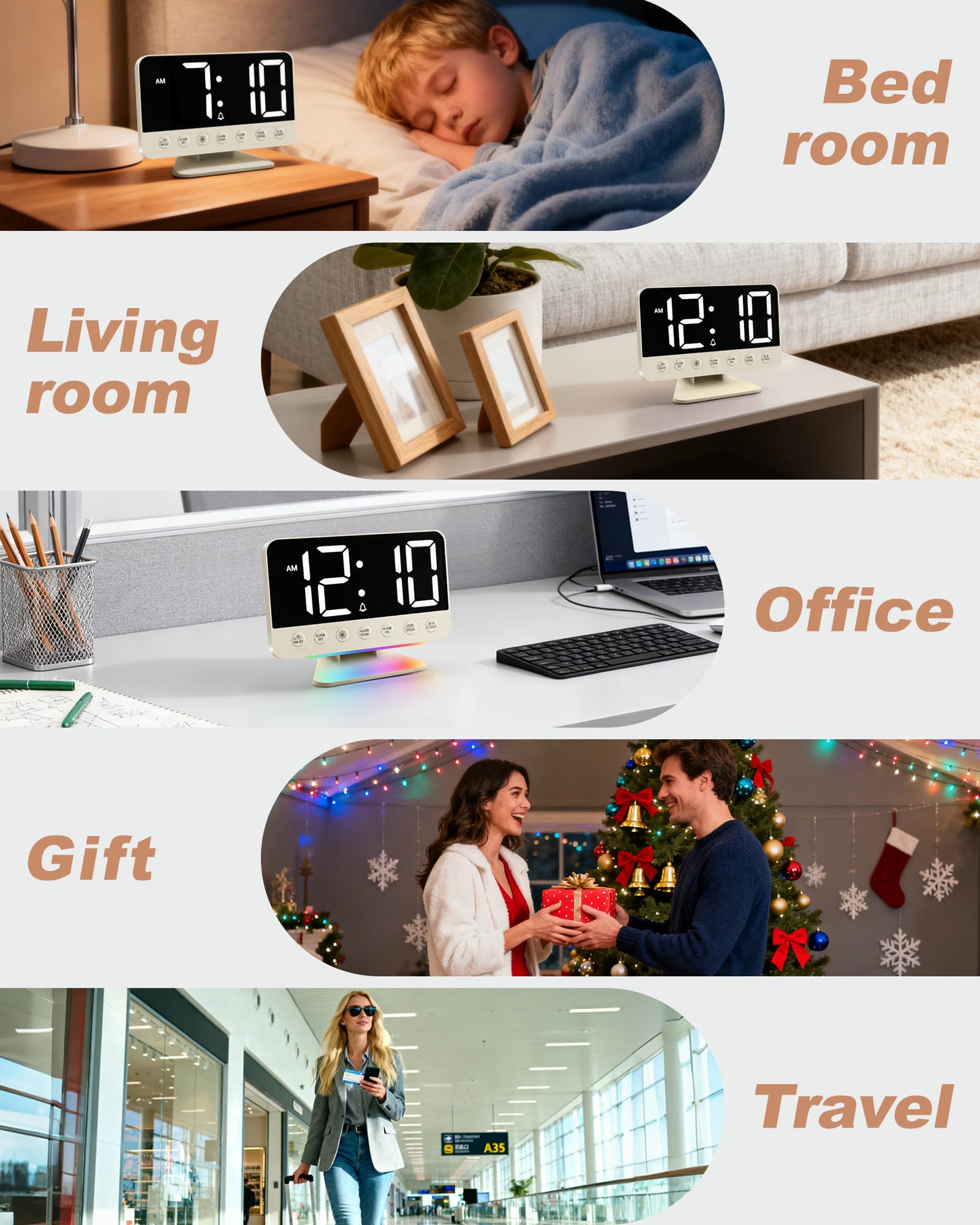 Reloj despertador digital para mesita de noche: reloj despertador fuerte para personas que duermen mucho, repetición, puerto USB, brillo/volumen ajustable, alimentación de red, 12/24 horas