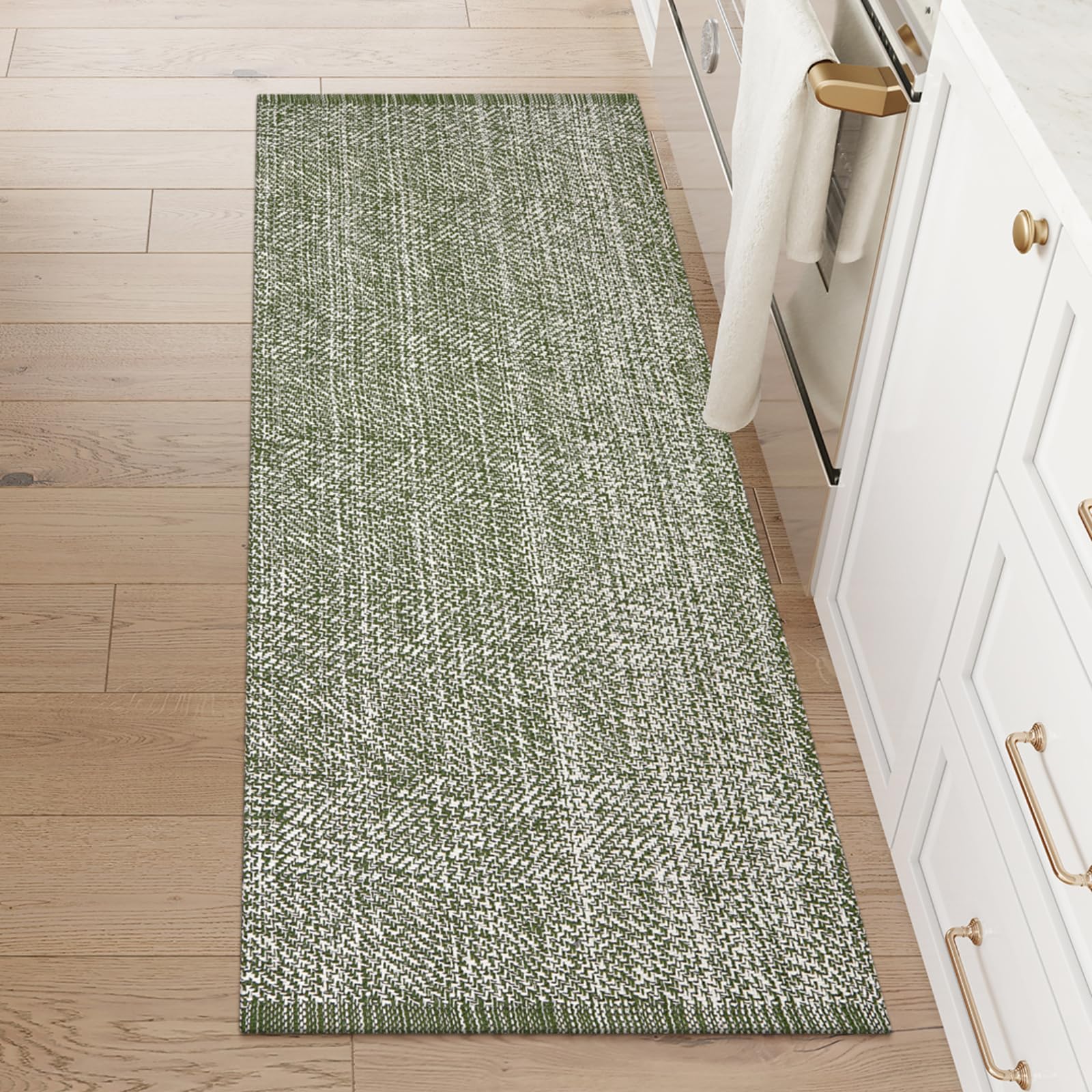 LEEVAN Washable Runner Rug 2'x6', Green Woven Hallway Rugs Reversible Bathroom Rug, Cotton Low Profile Entryway Doormat, Farmhouse Bedroom Rugs Modern