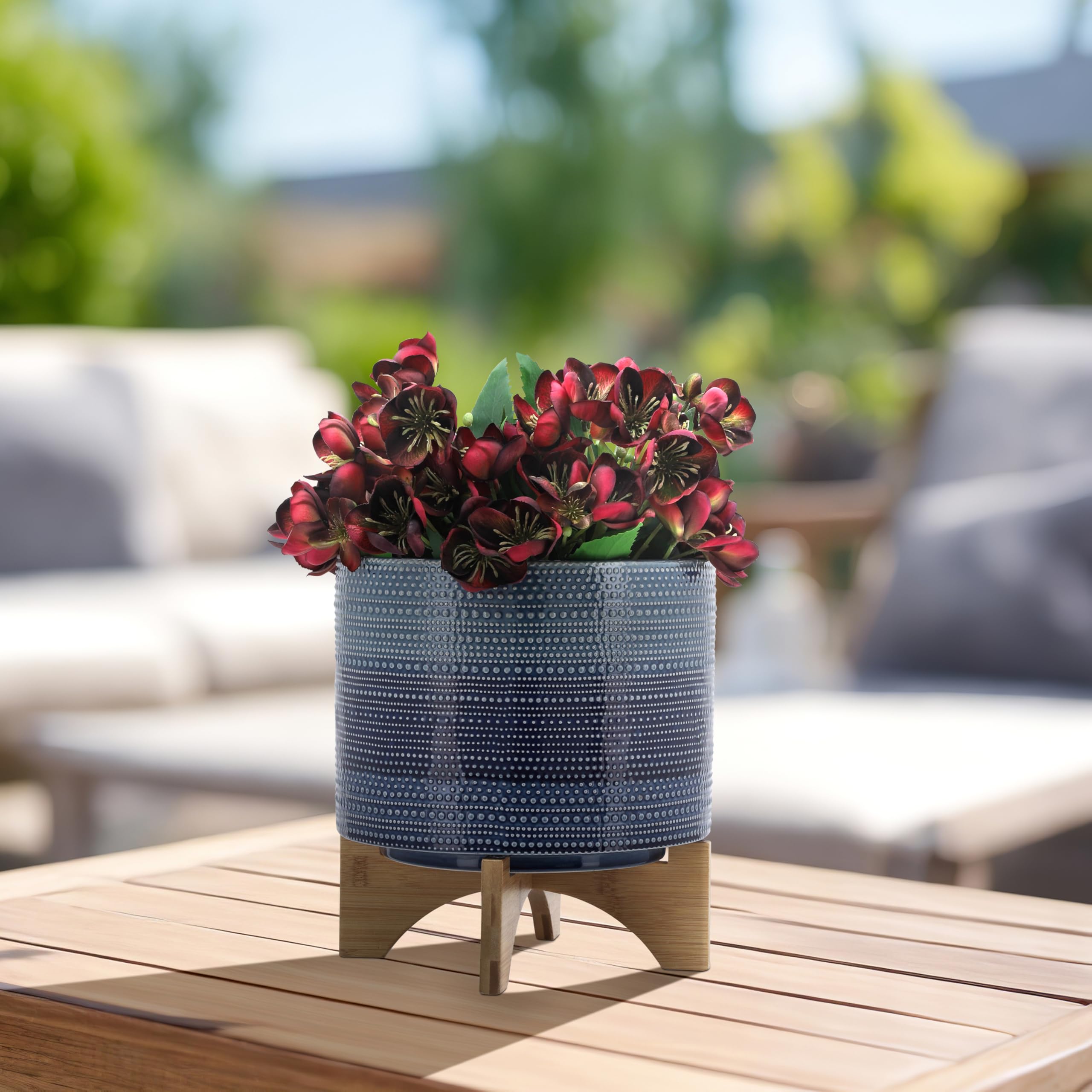 Sagebrook Home Stoneware Ceramic Planter with Bamboo Stand Indoor & Outdoor Plant Pot 11x11x11 Inch, Blue