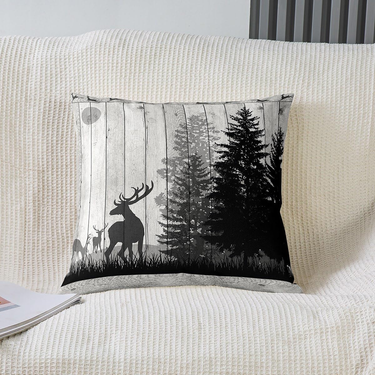 Federa Per Cuscino Quadrata 45x45 Cm Con Testa Di Cervo Colorato, Design Animali Selvatici, Morbida In Misto Lino E Cotone, Per Divano E Letto