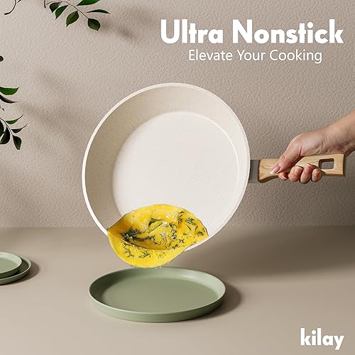 Miniatura 3 de KILAY Juego de utensilios de cocina antiadherentes, ollas y sartenes de granito blanco, juego de cocina antiadherente con sartenes, cacerolas y