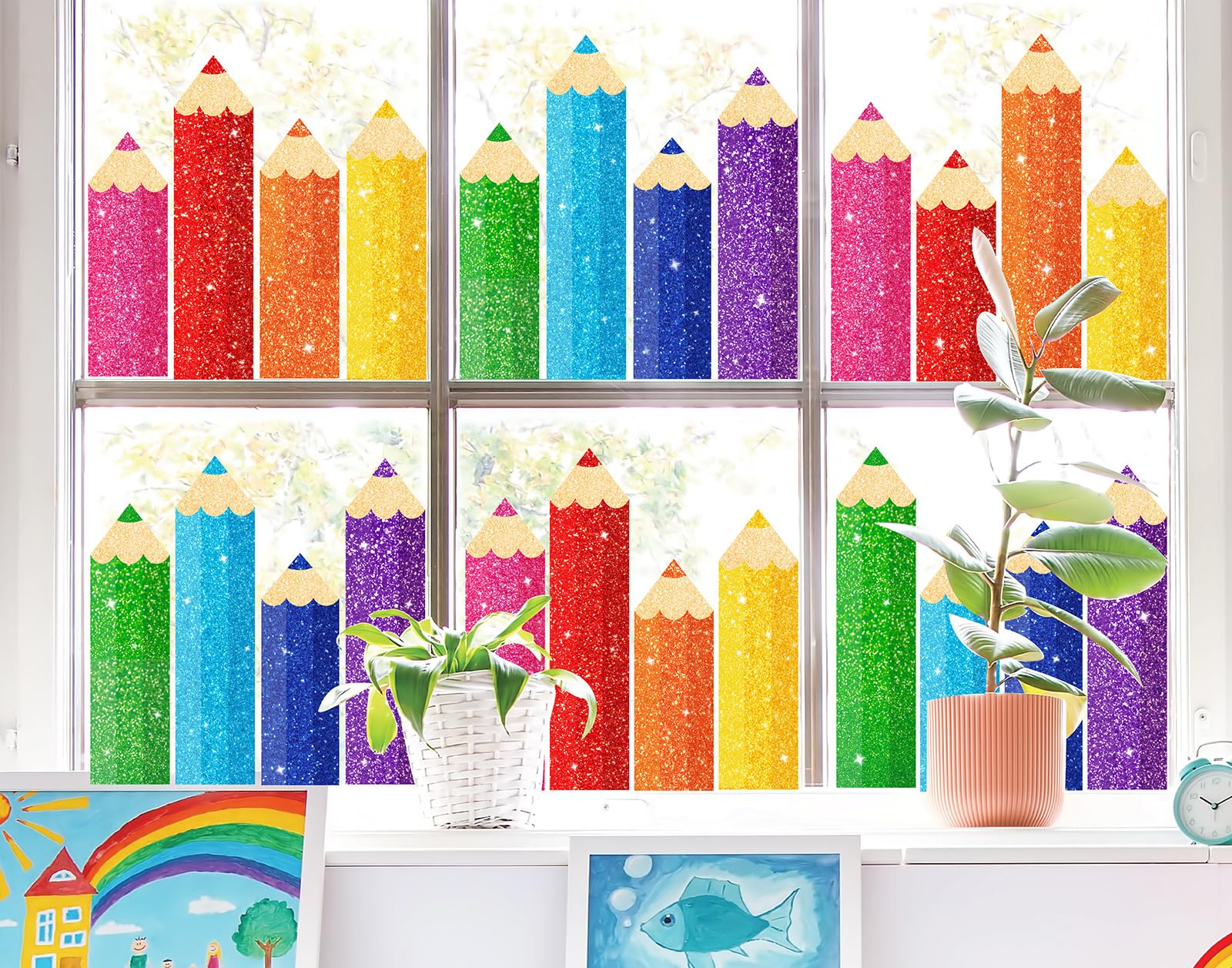 Whaline 9 Sheet Back to School Colorful Glitter Pencil Window Clings Sparkly Rainbow Pencil Reusable Window Decals for First Day of School Home Nursery Classroom Decor