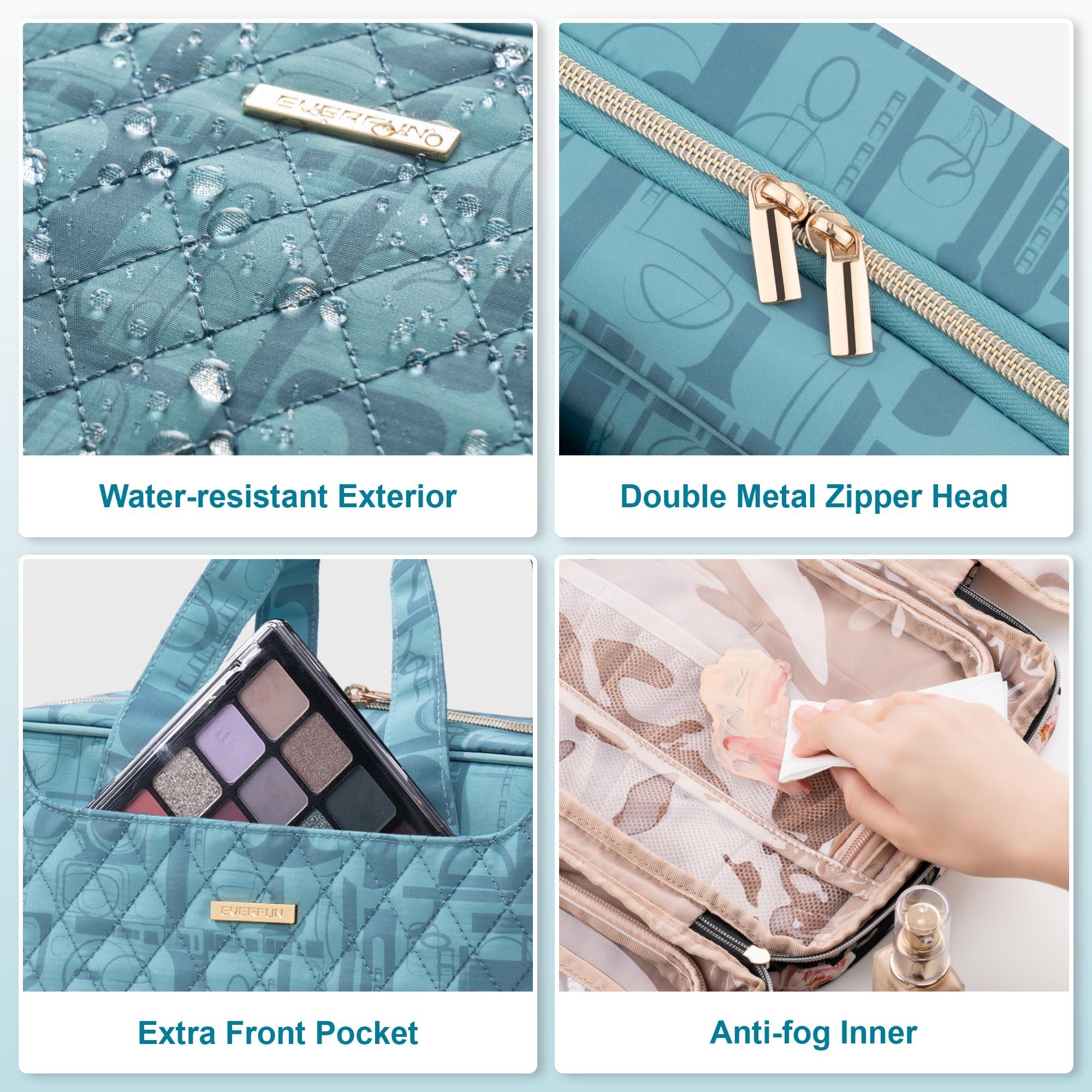 Everfun Beauty case da viaggio da appendere per le donne che viaggiano con scomparto a tenuta stagna organizer per cosmetici kit dopp accessori da viaggio essenziali indispensabili, Blu ciano., Large,