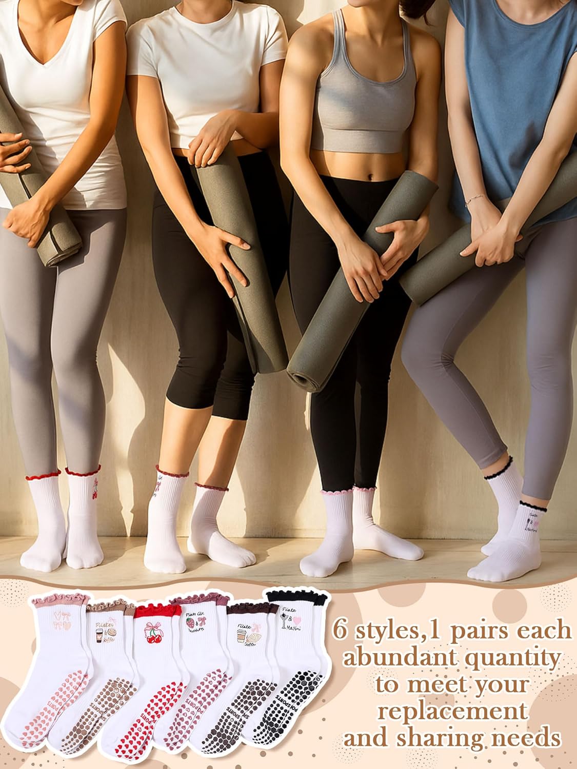 6 Pairs Cute Pilates Socks for Women, Ruffle Frilly Yoga Grippy Socks with Embroidery Pattern for Workout Ballet - Image 3