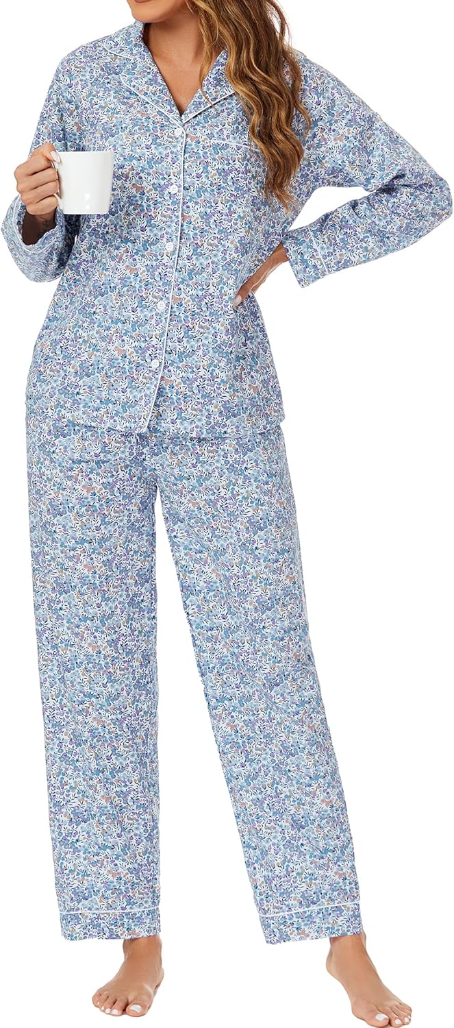 LUBOT 100% Cotton Pajamas for Women 2 Piece PJ Set Woven Poplin Ladies Button Down Long Short Sleeve Printed Sleepwear S-XXL